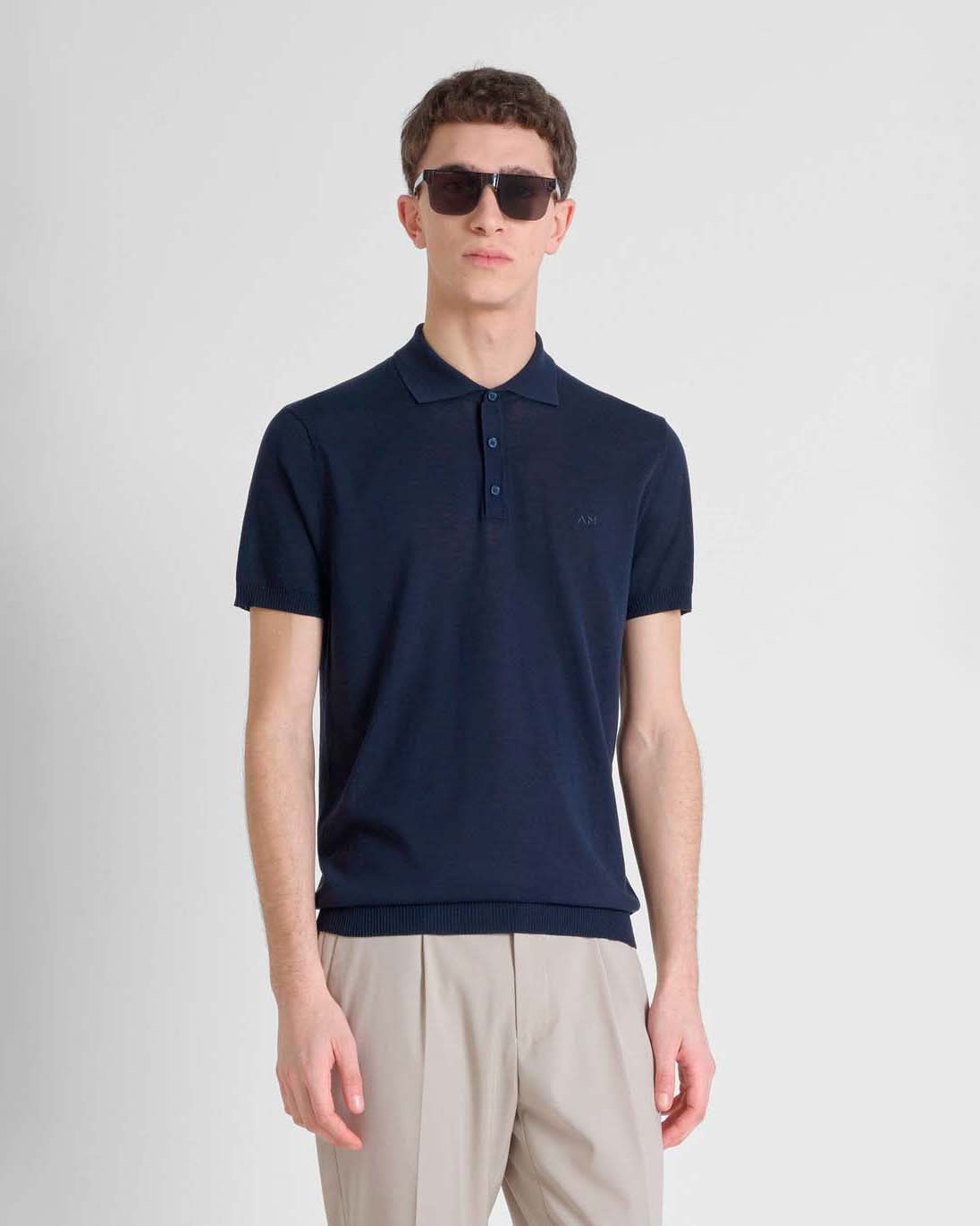 Polo blu in maglia di misto cotone e viscosa