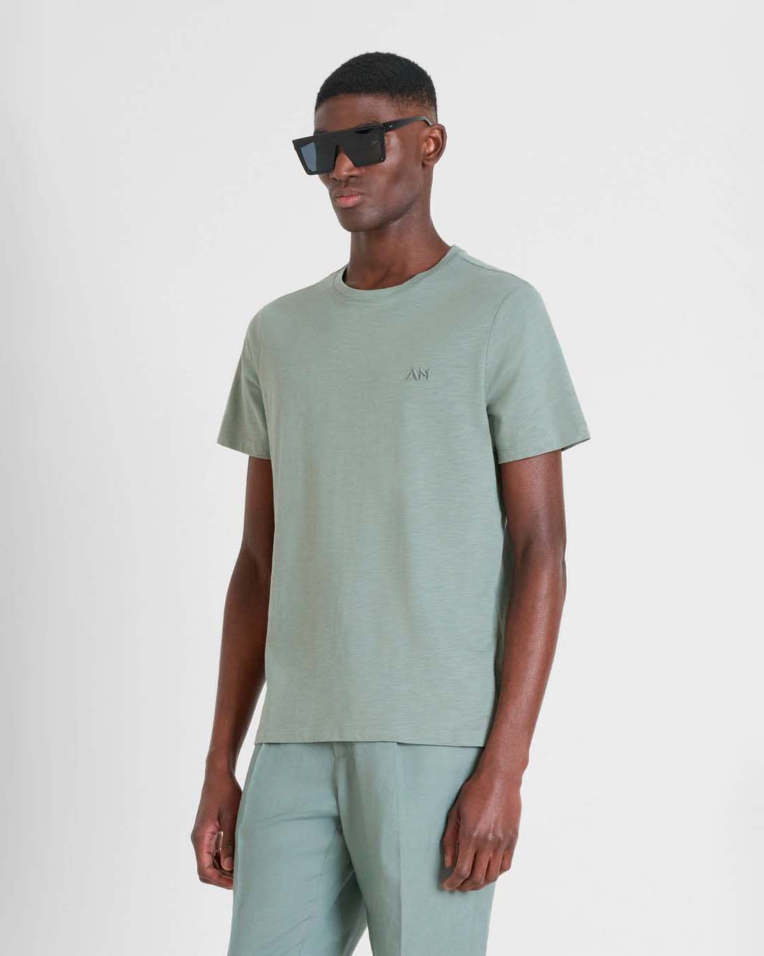 T-shirt mezza manica Antony Morato verde salvia in puro cotone fiammato con logo sigla in tono