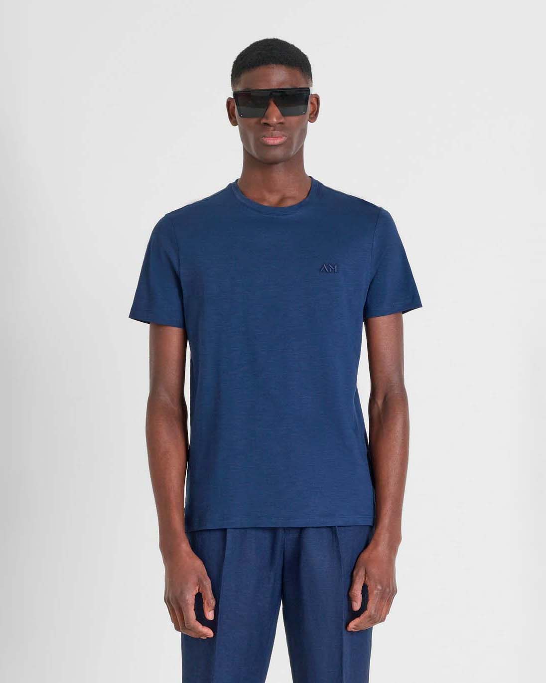 T-shirt mezza manica blu indaco in puro cotone fiammato con logo sigla in tono
