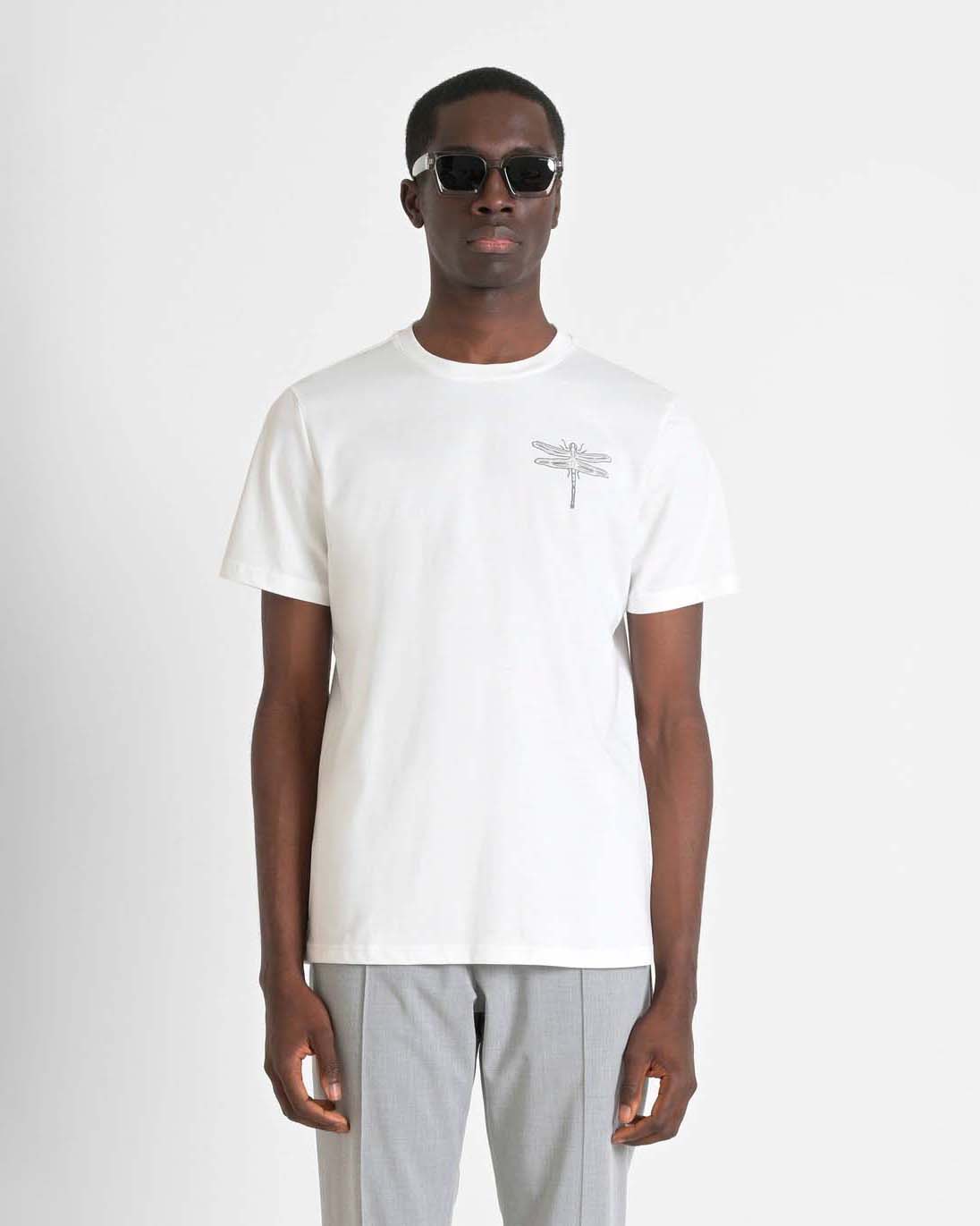 T-shirt mezza manica bianca in jersey di puro cotone con ricamo libellula al petto