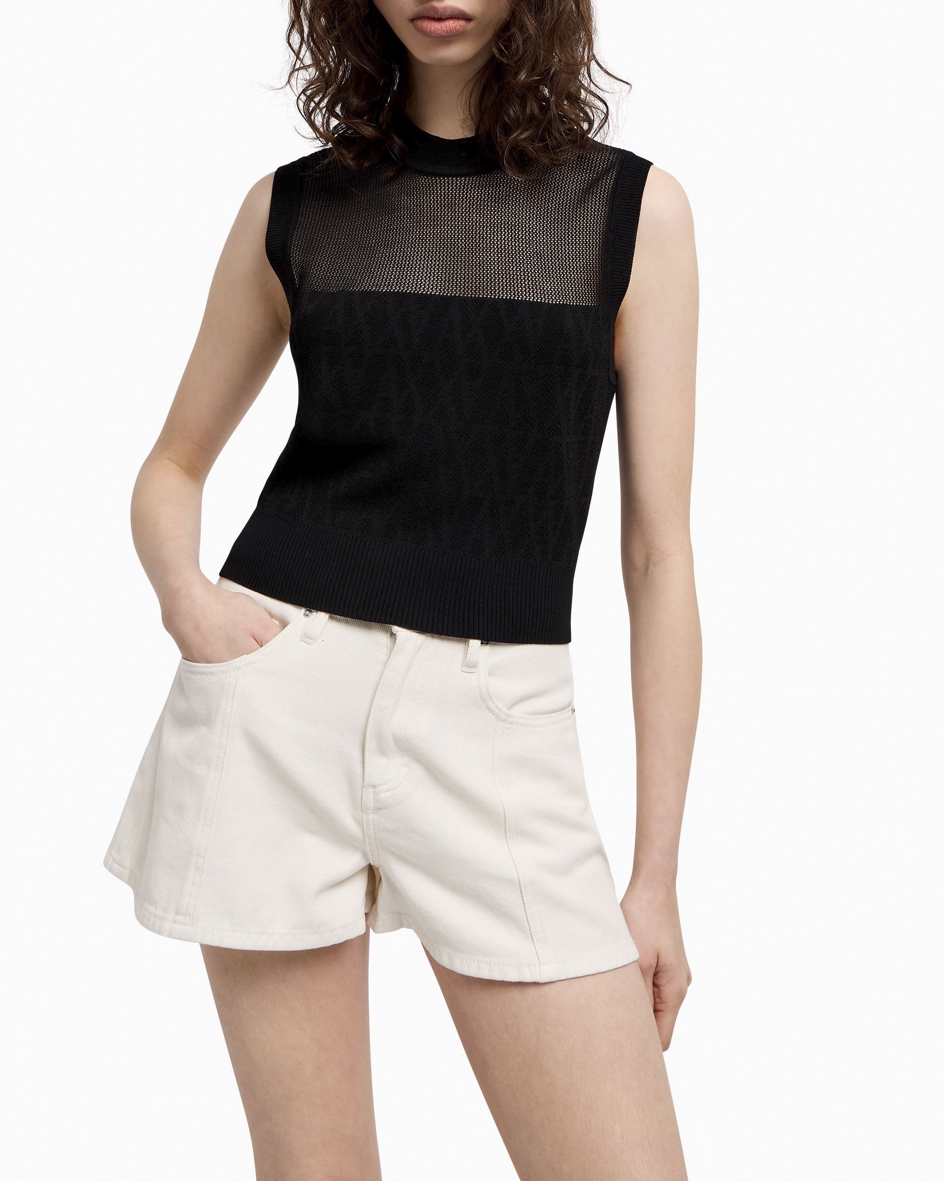 Maglia nera Armani Exchange senza maniche in misto viscosa con inserto trasparente fronte e retro