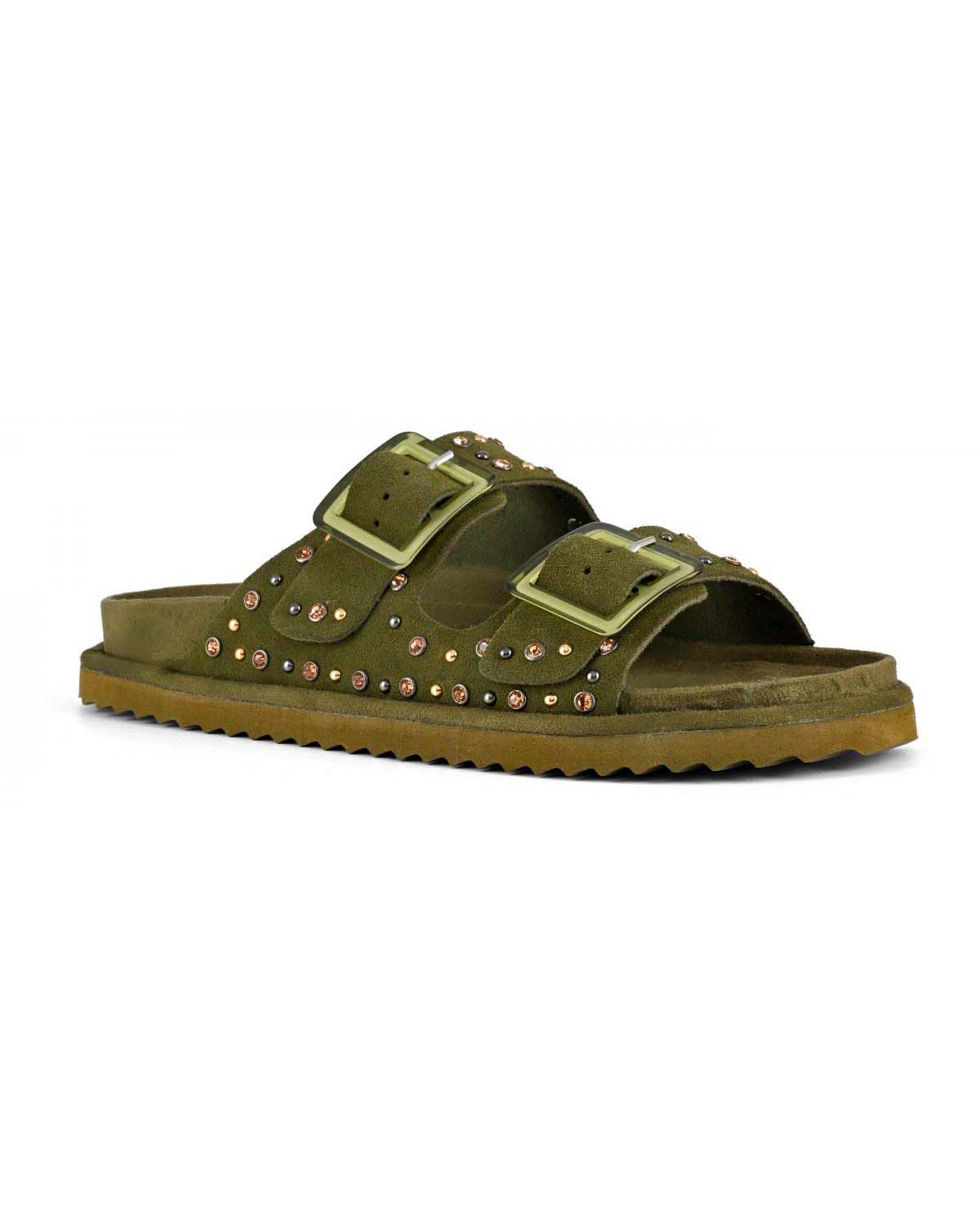 Sandali verde militare in pelle scamosciata con borchie argento applicate