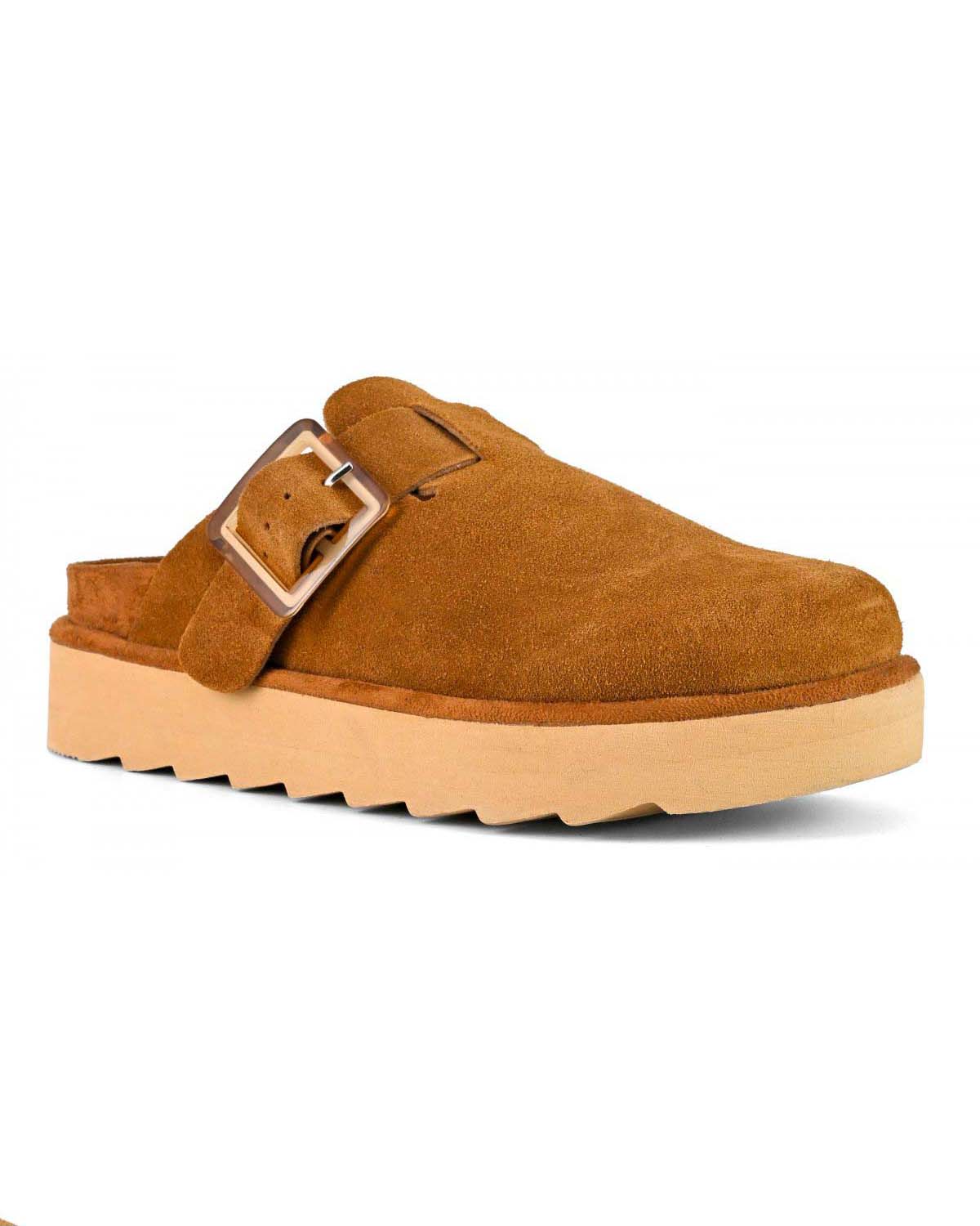 Sabot Platform color cuoio in pelle scamosciata con fibbia laterale