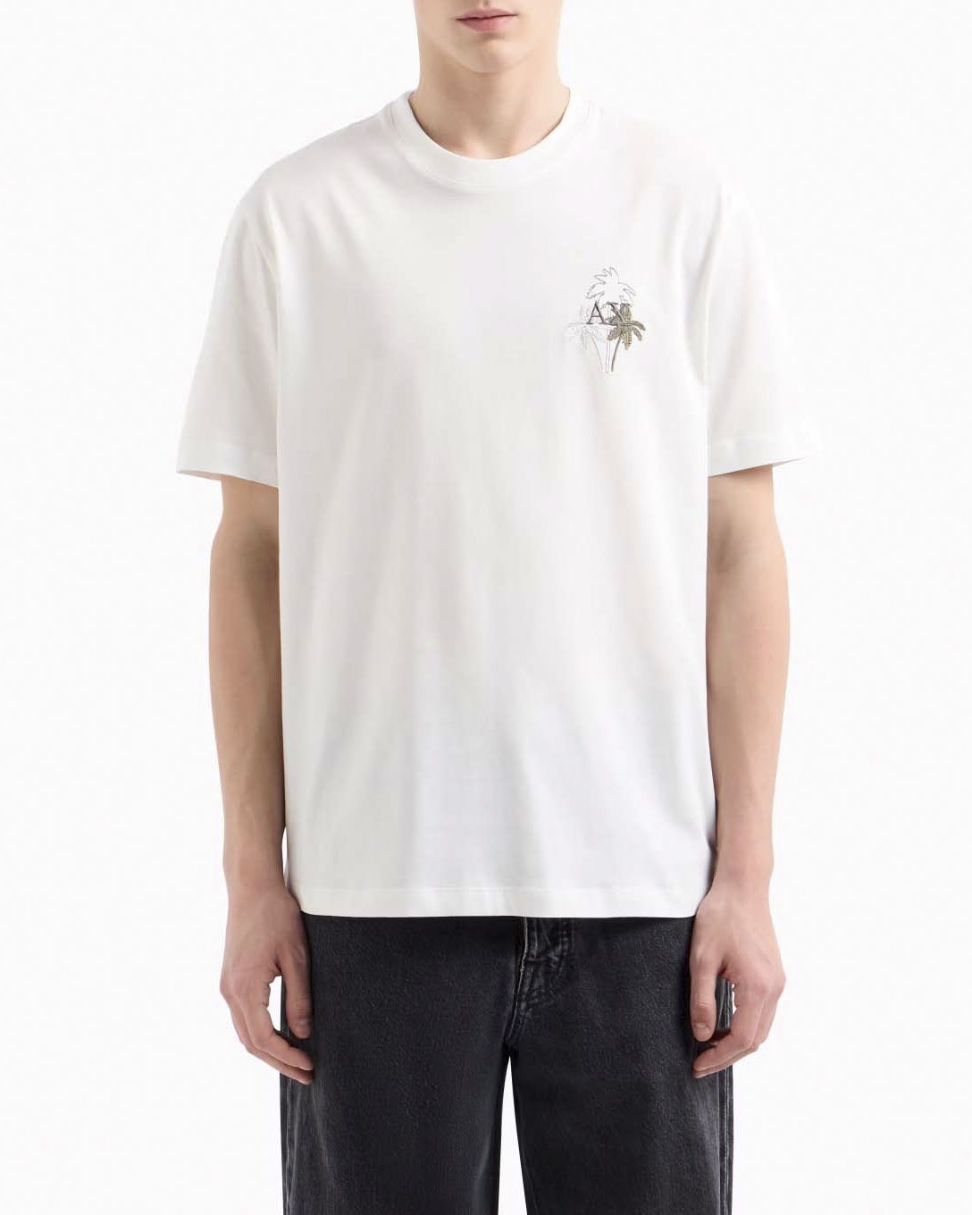 T-shirt mezza manica Exchange bianca con ricamo AX e palme sul petto