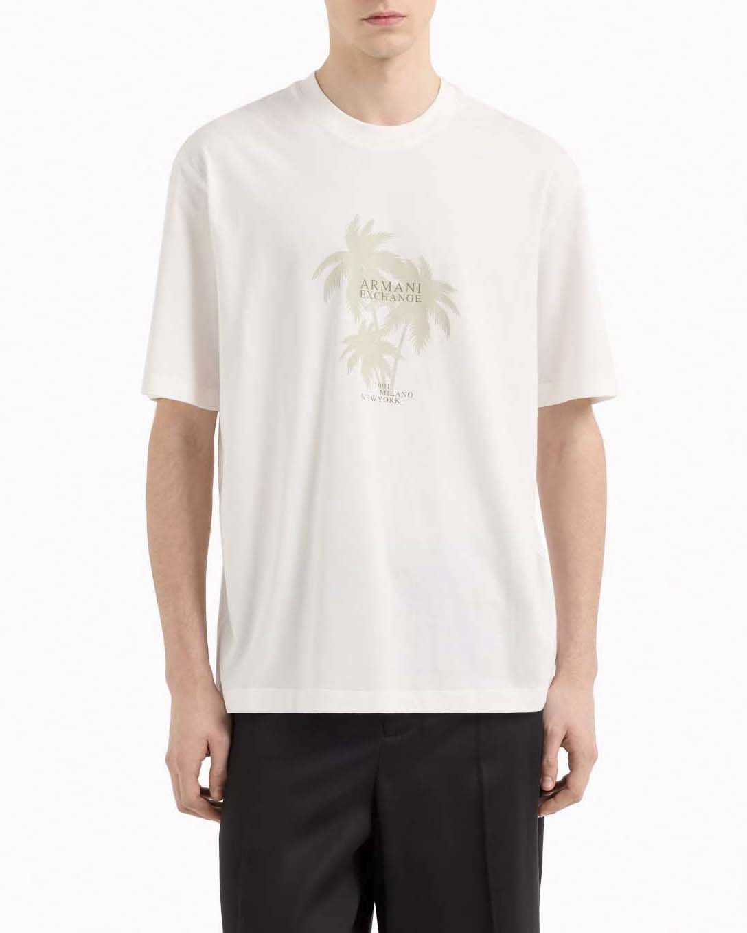 T-shirt mezza manica Exchange panna con stampa palme e logo davanti