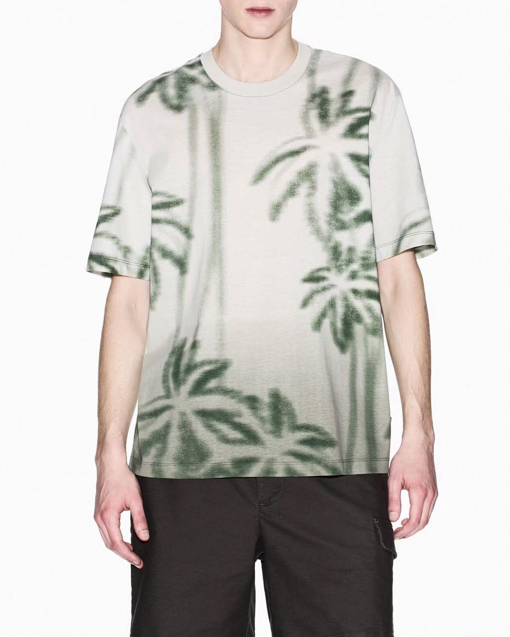 T-shirt mezza manica Exchange beige con stampa palme verdi soffusa