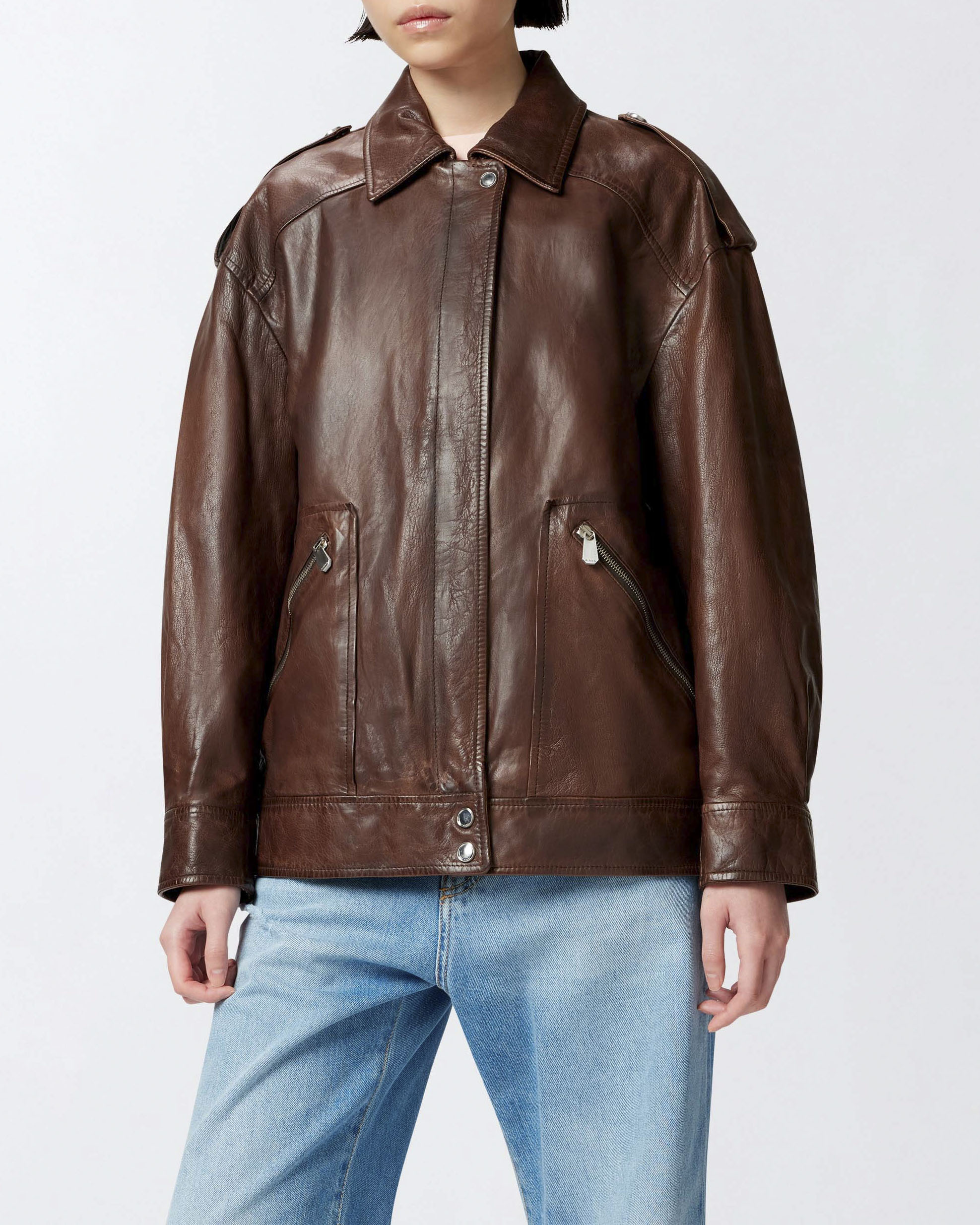 Giacca over in pelle color moro Pinko con mostrine sulle spalle
