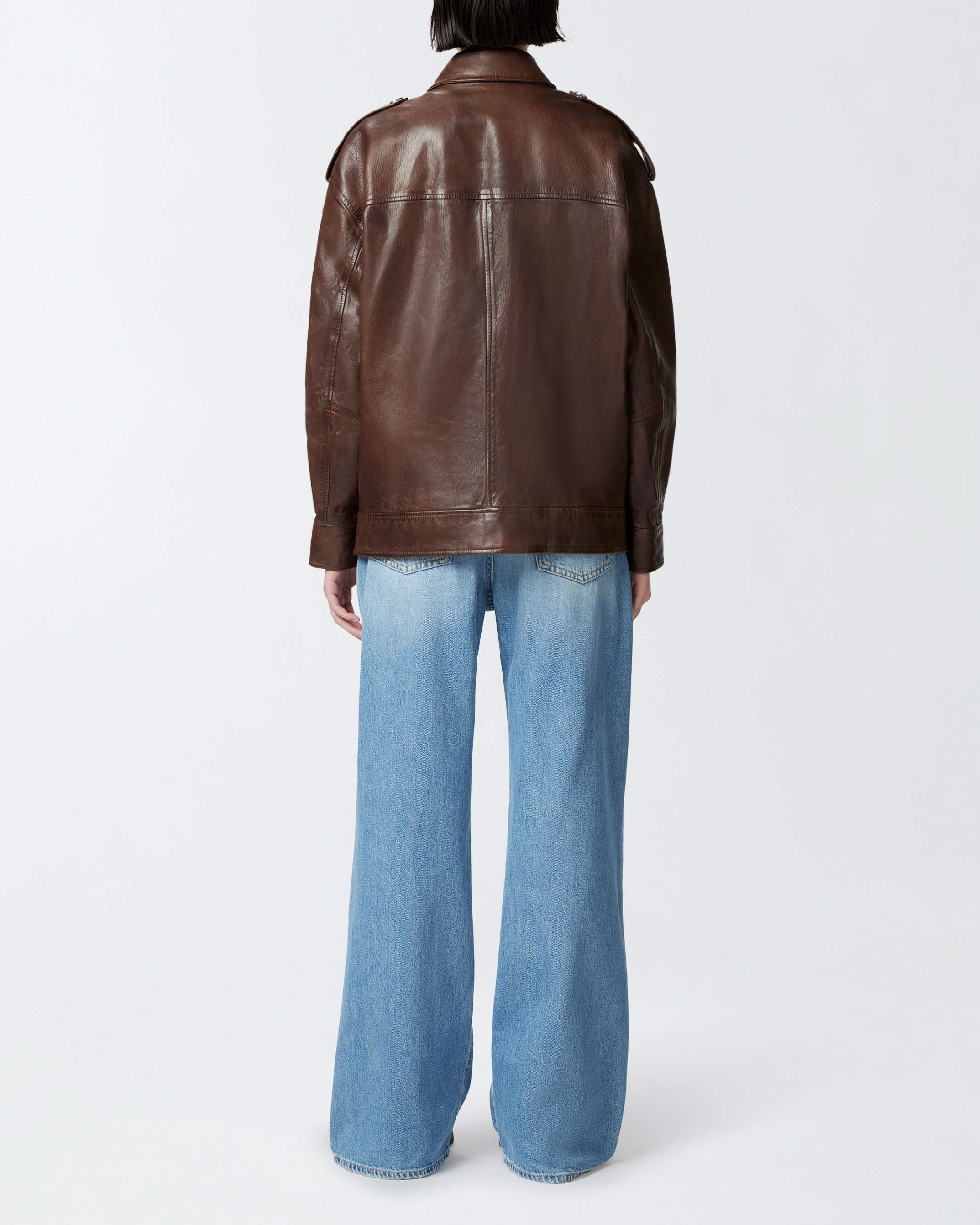 Giacca over in pelle color moro Pinko con mostrine sulle spalle