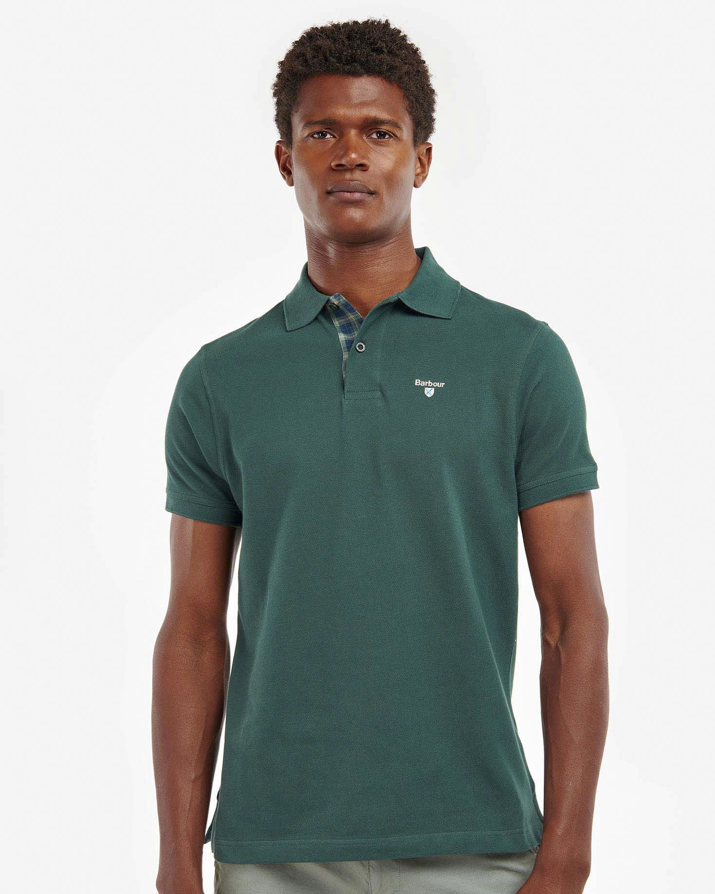Polo mezza manica verde scuro in piquè di cotone con dettaglio tartan check