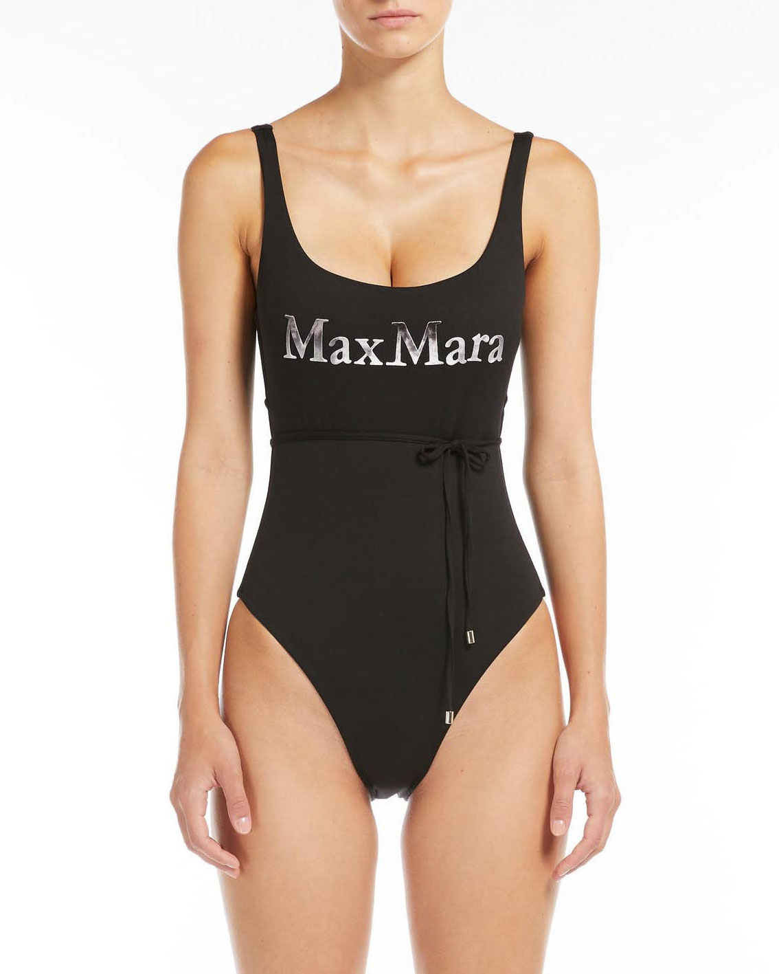 Costume intero nero Beachwear con scritta logo effeto sfumato e cinturina in vita