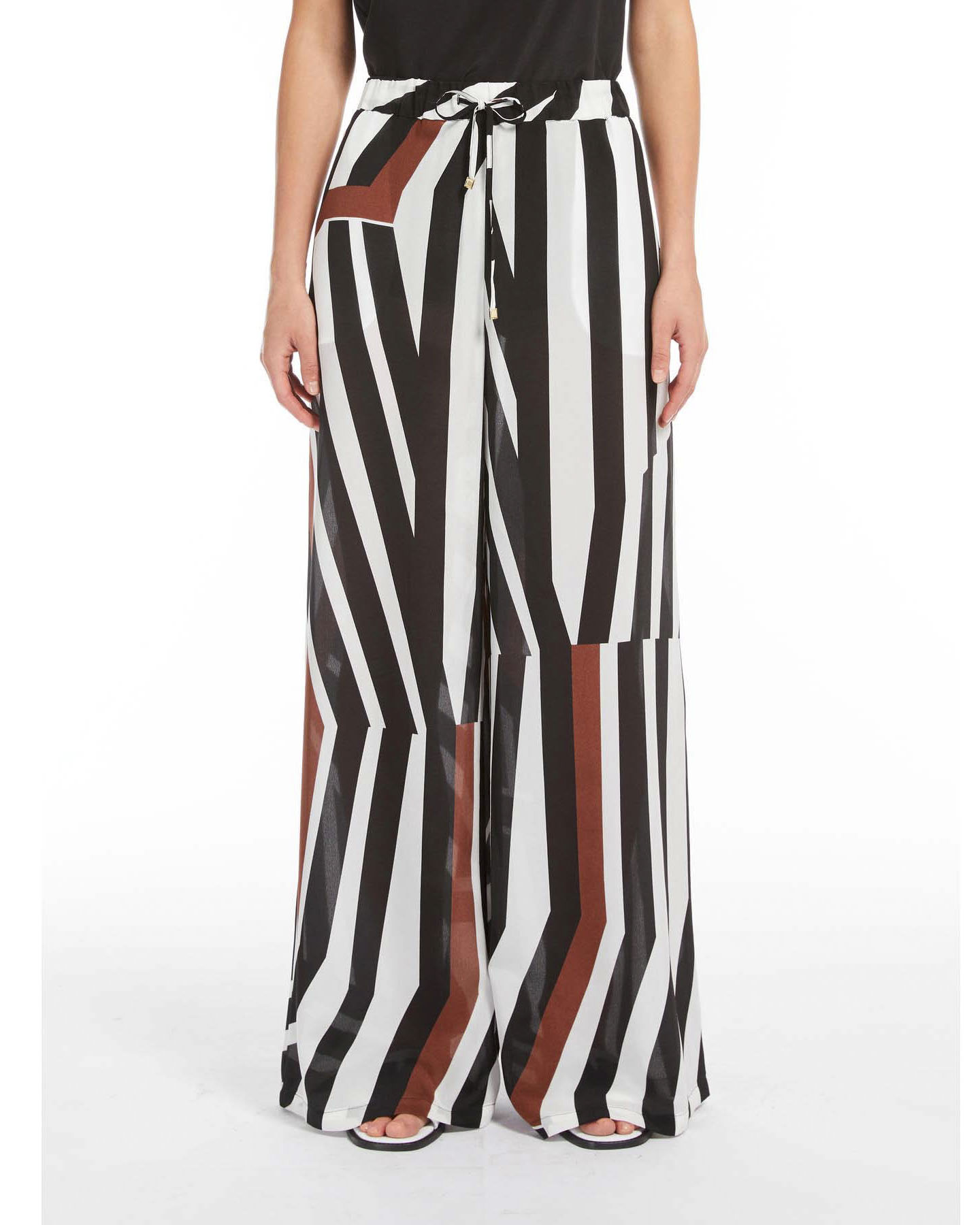 Pantaloni palazzo bianchi Max Mara Beachwear in pura seta a stampa geometrica nera e color coccio