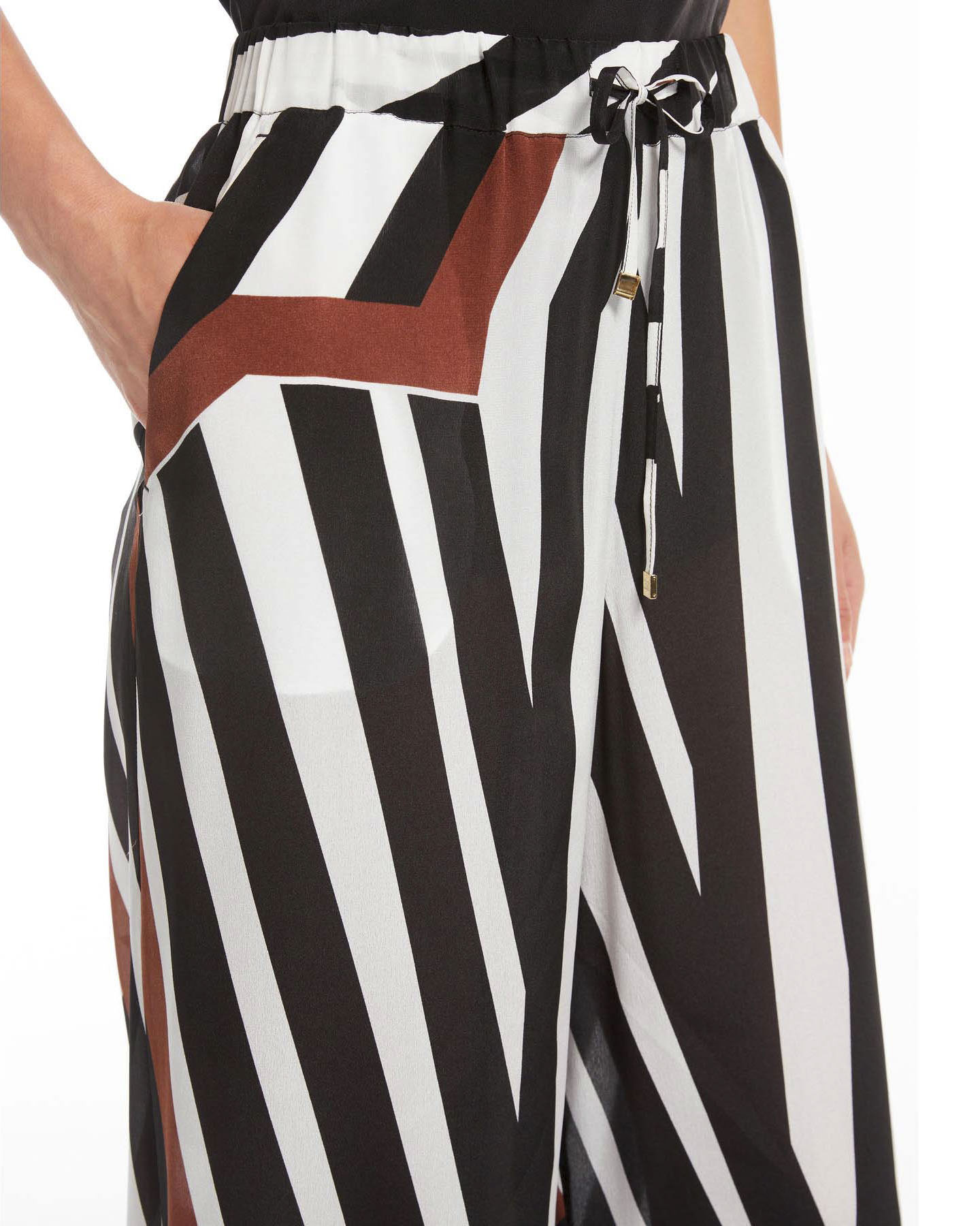 Pantaloni palazzo bianchi Max Mara Beachwear in pura seta a stampa geometrica nera e color coccio