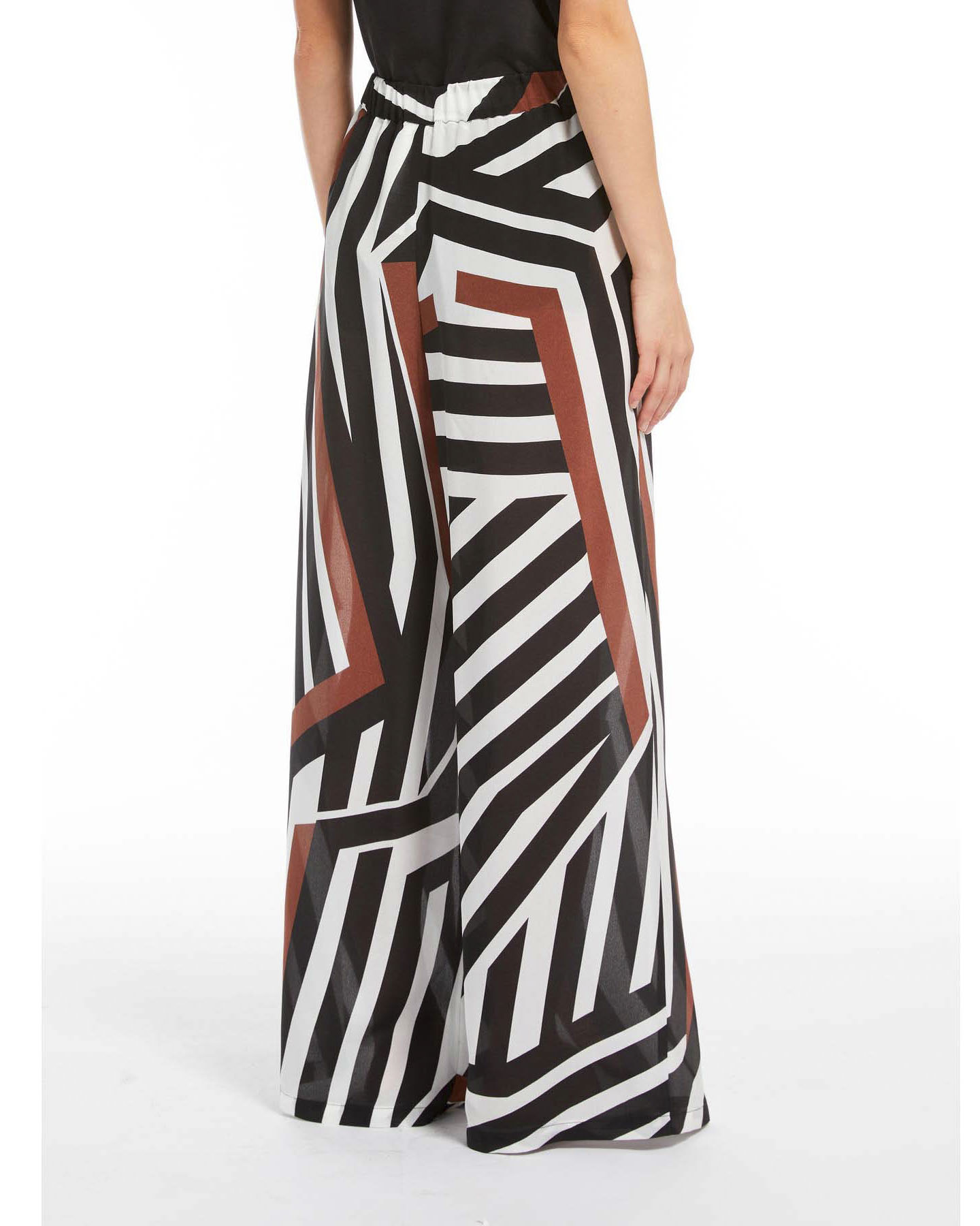 Pantaloni palazzo bianchi Max Mara Beachwear in pura seta a stampa geometrica nera e color coccio