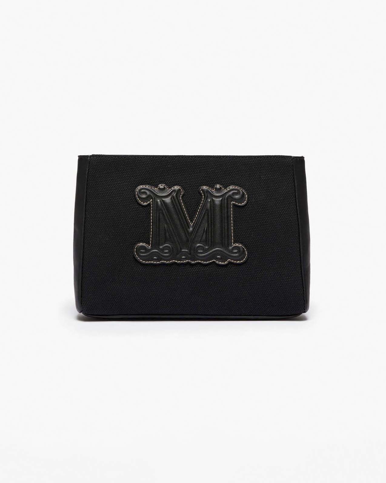Pochette nera in canvas di cotone Beachwear con monogramm e profili in similpelle tono su tono