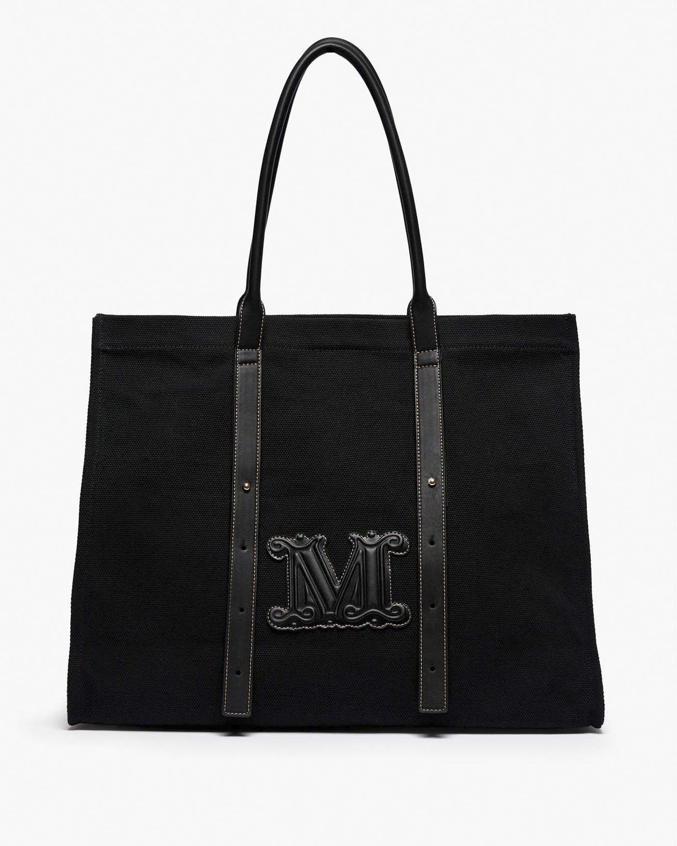 Borsa mare grande nera in canvas di cotone Max Mara Beachwear con monogramm e profili in similpelle