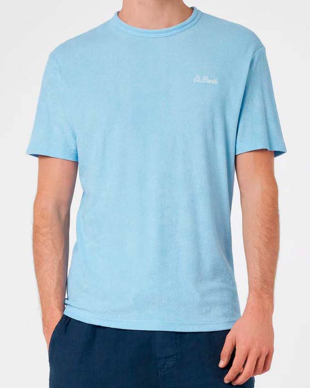 T-shirt mezza manica azzurra in spugna di misto cotone con ricamo logo sul petto
