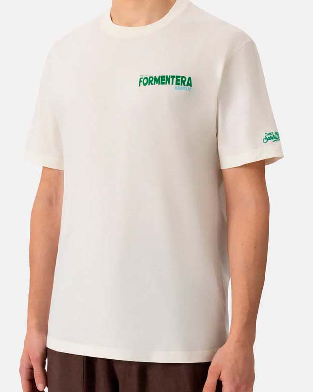 T-shirt panna con scritta sul petto e maxi stampa grafica Formentera habituè sul retro