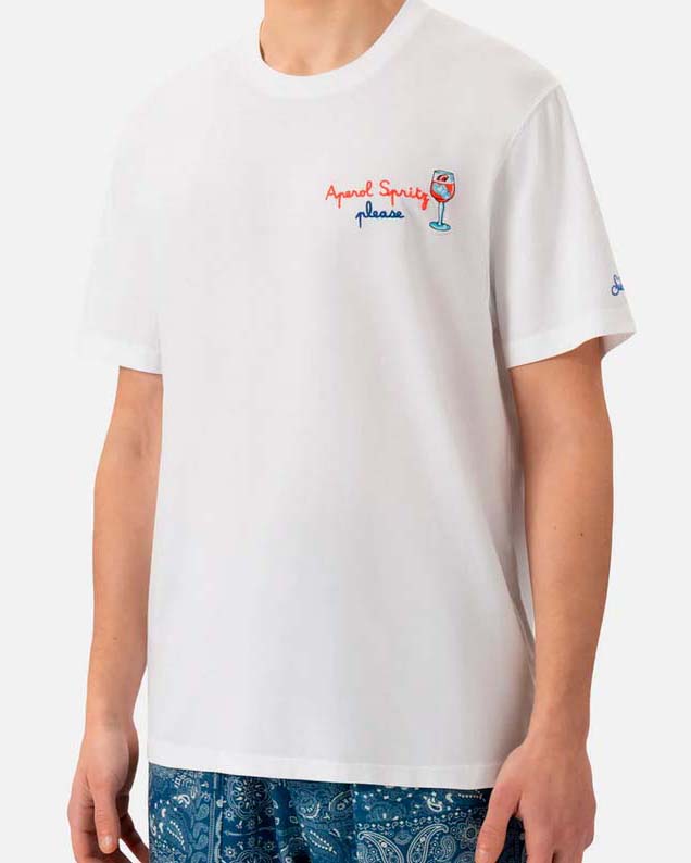 T-shirt MC2 Saint Barth bianca con ricamo Aperol Spritz Please sul petto
