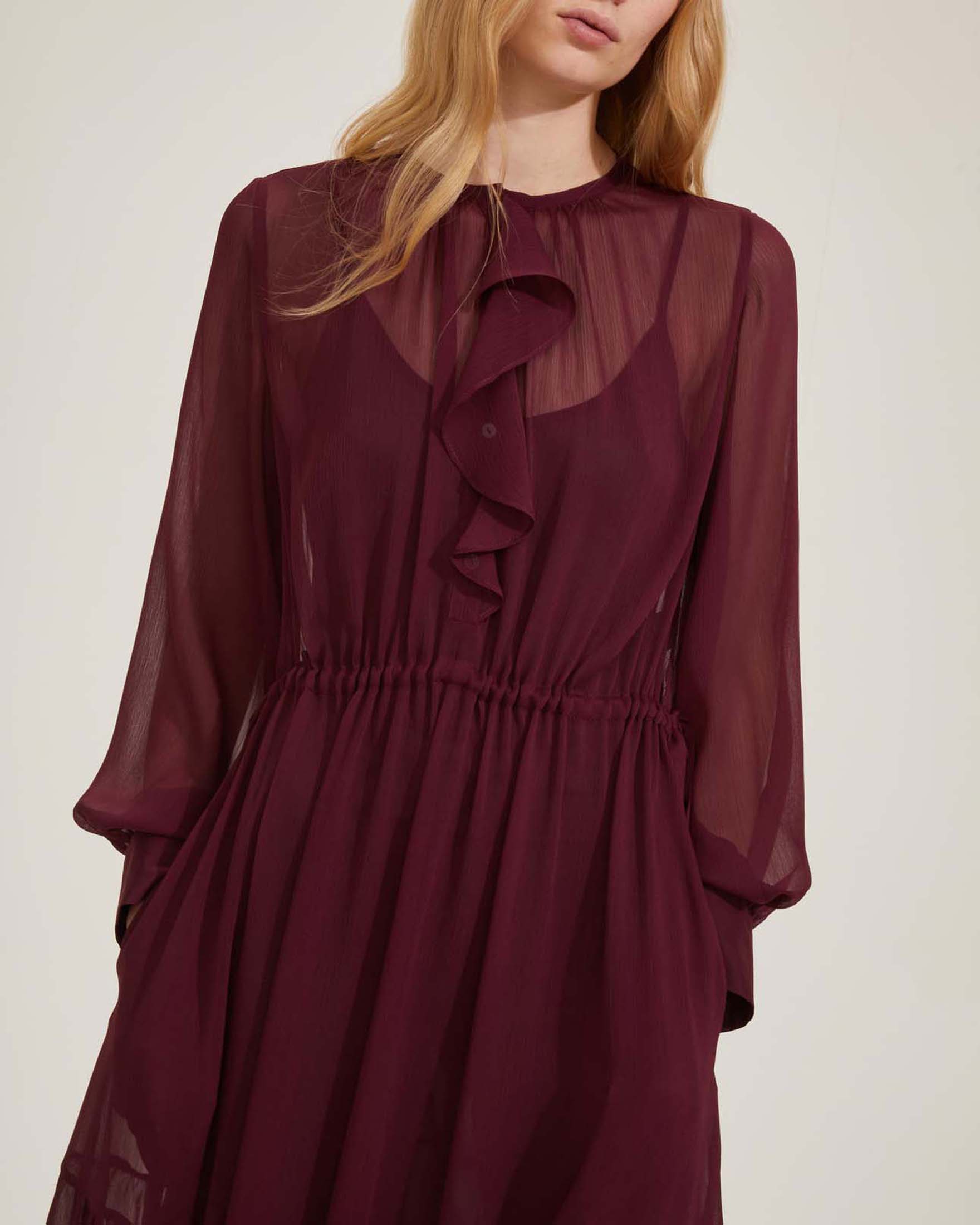Abito lungo bordeaux Emme Marella in creponne semi trasparente con balza sulla gonna