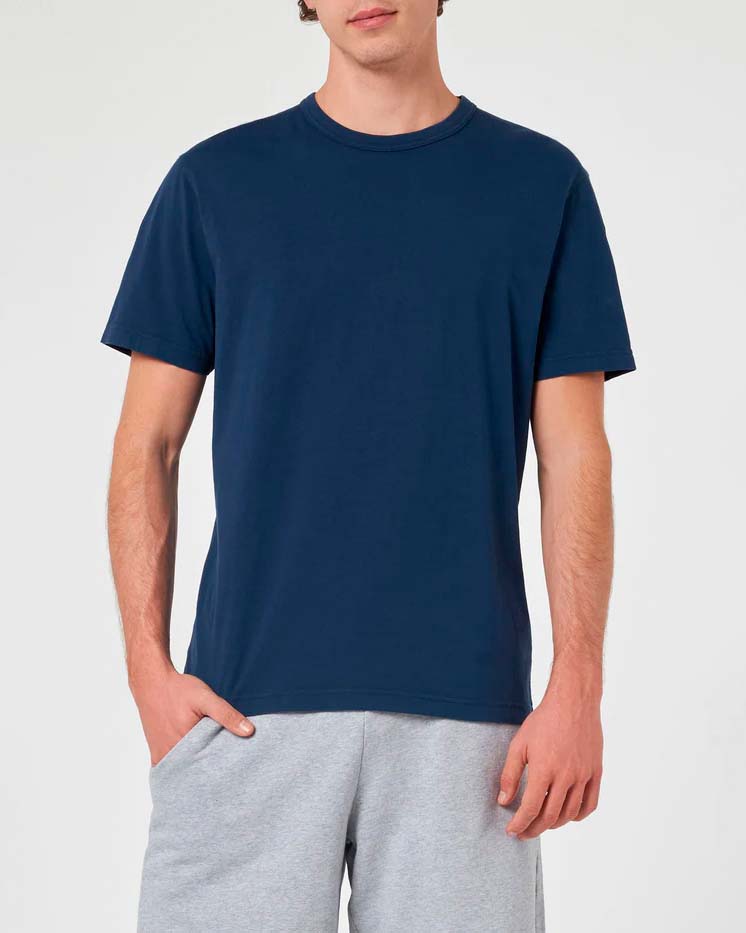 T-shirt blu mezza manica con logo scritta in tono ricamato sulla manica