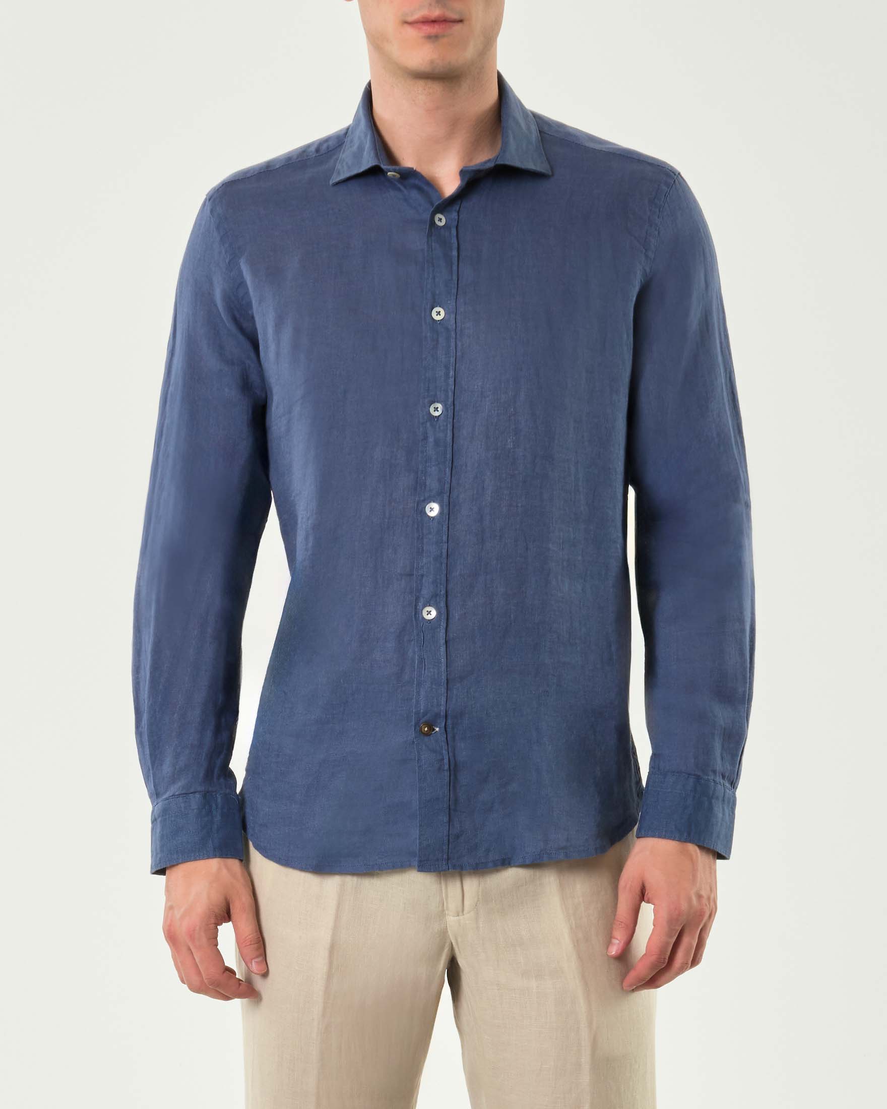 Camicia blu indaco in puro lino con collo alla francese