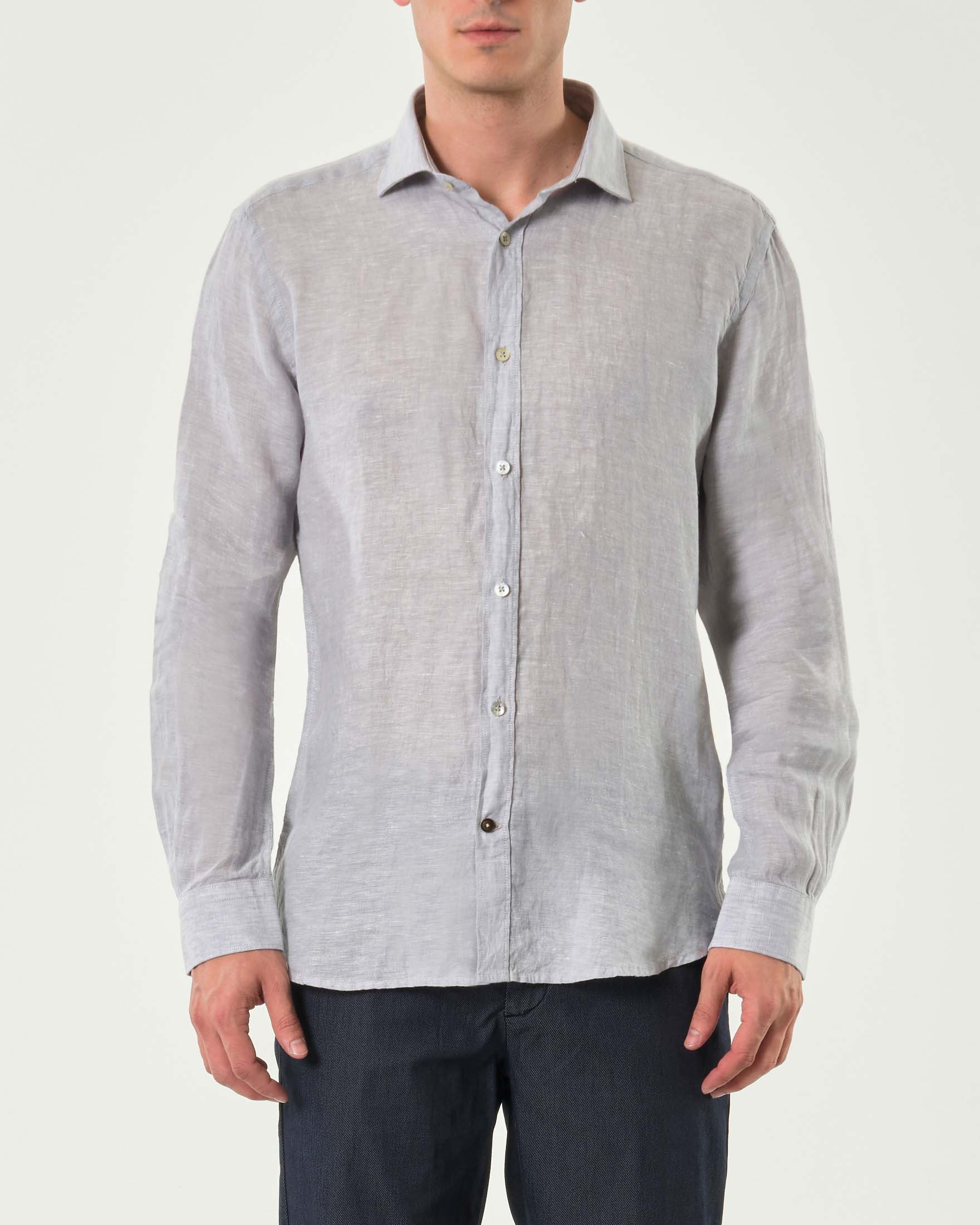 Camicia grigia in puro lino tinto filo con colletto alla francese