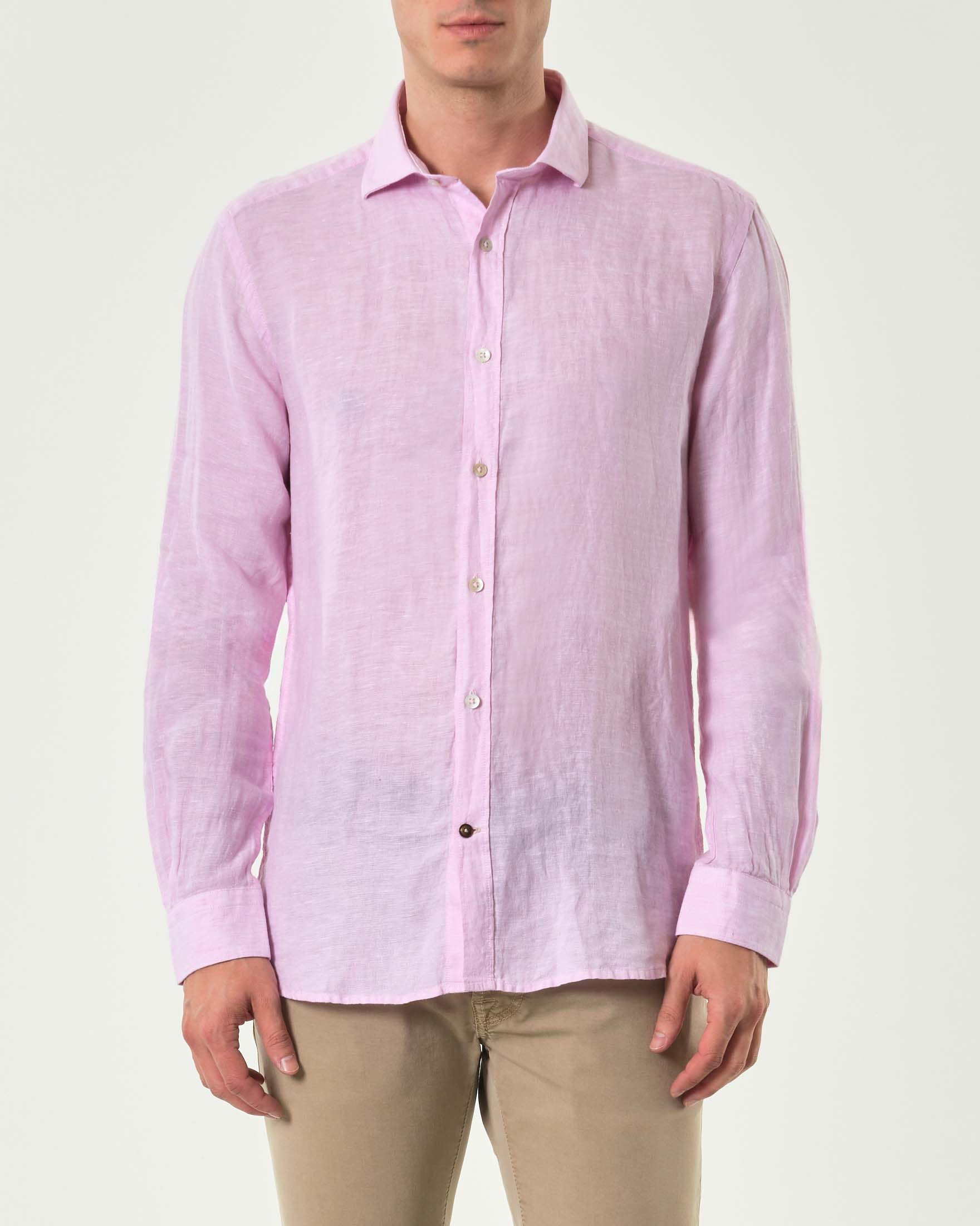 Camicia rosa in puro lino tinto filo con colletto alla francese