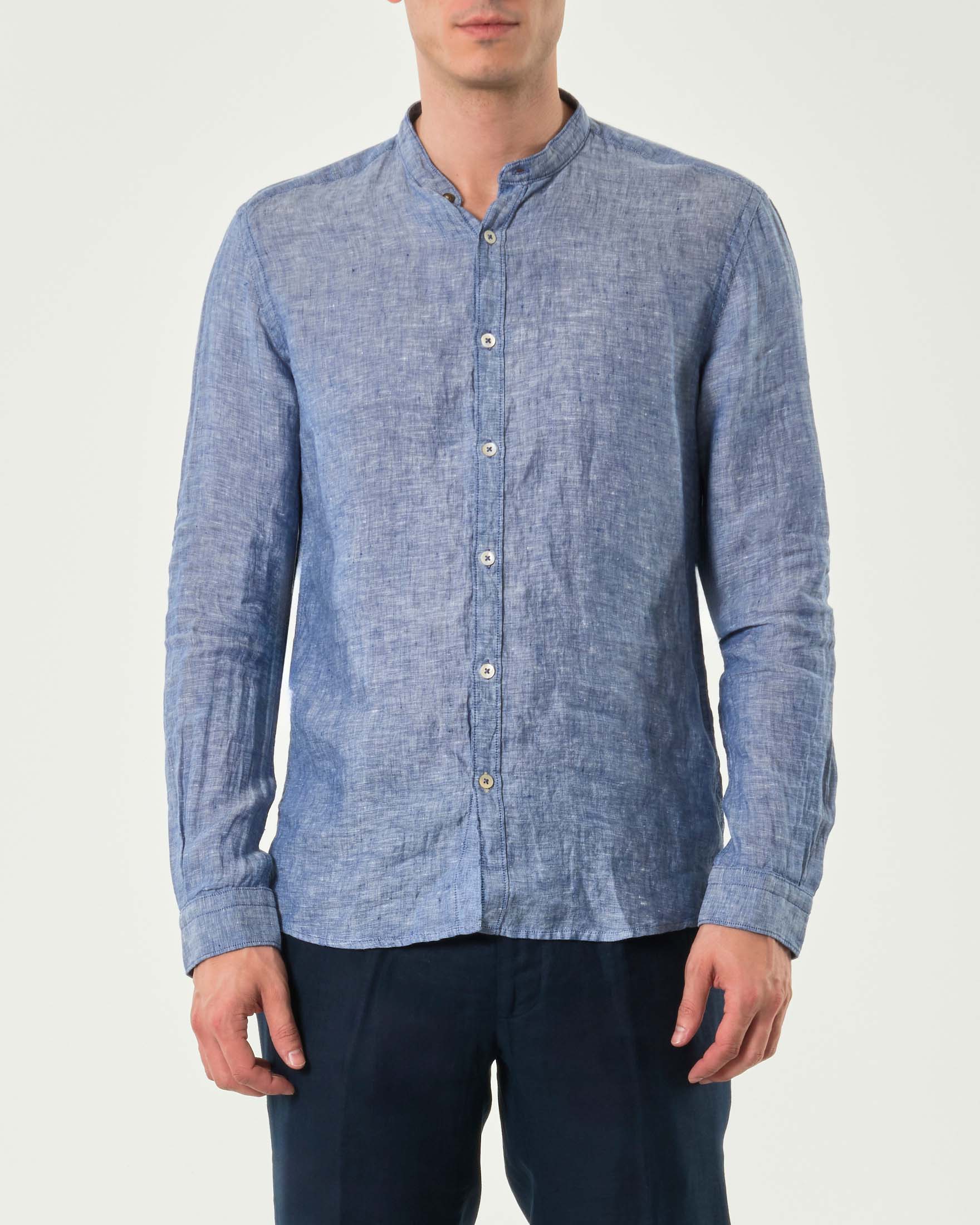 Camicia blu indaco con colletto alla coreana in puro lino tinto filo