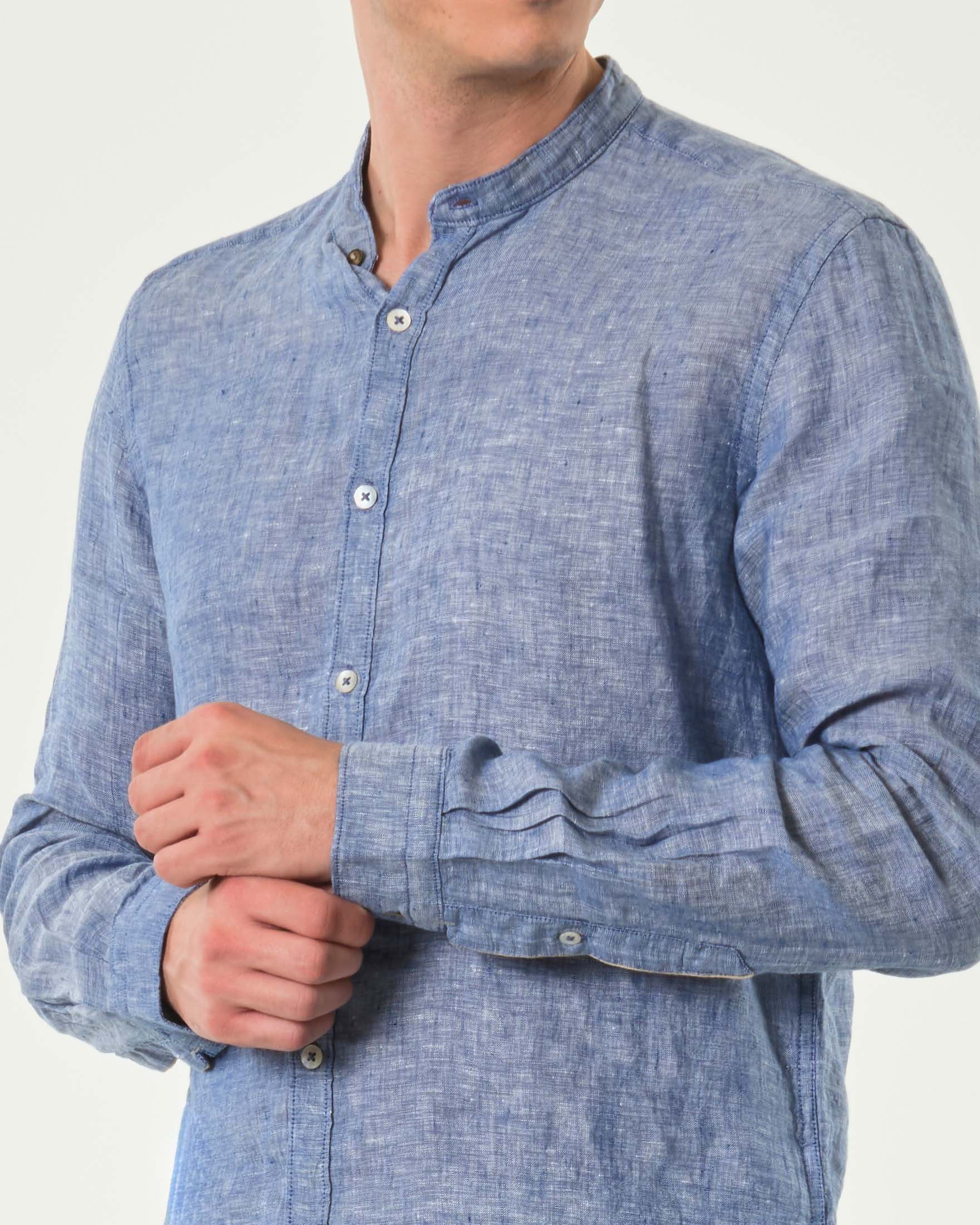 Camicia Alley Docks blu indaco con colletto alla coreana in puro lino tinto filo image