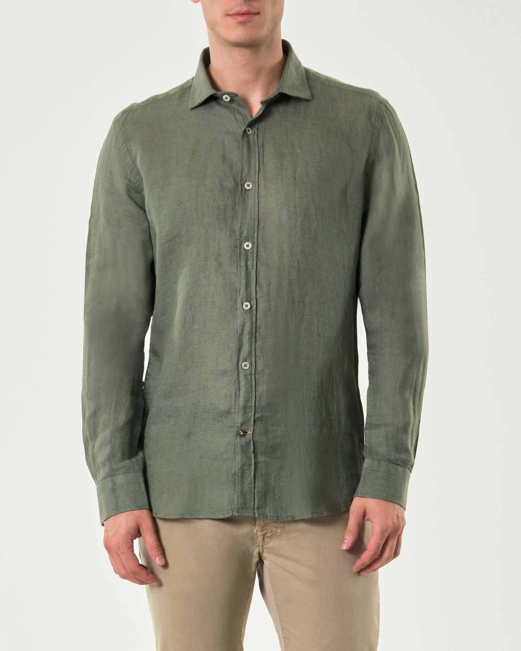Camicia verde militare in puro lino con colletto alla francese