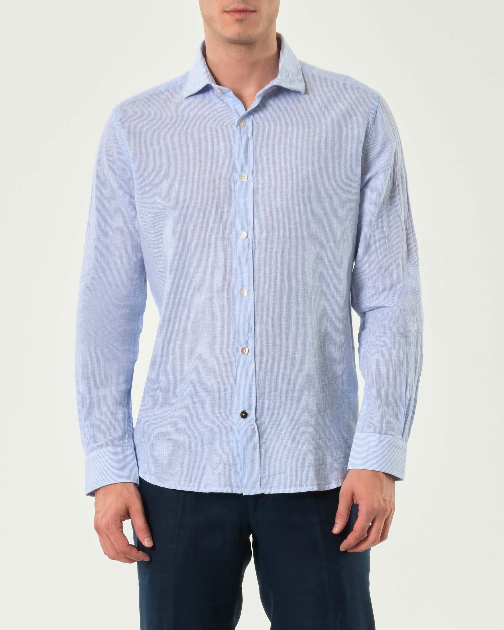 Camicia micro bastoncino bianco azzurro in misto lino e cotone con colletto alla francese