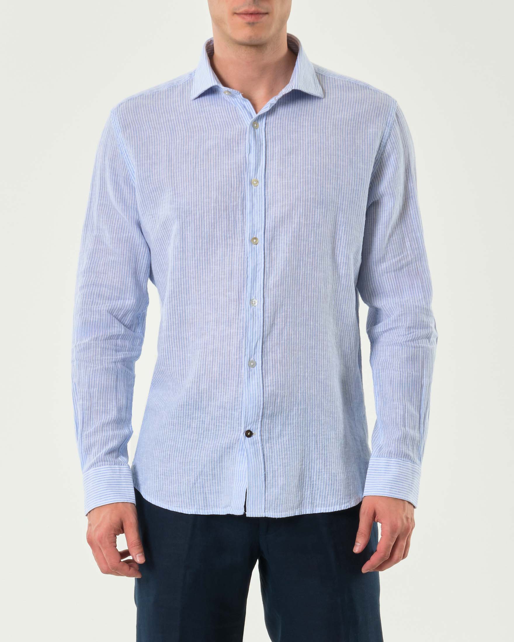 Camicia bastoncino bianco azzurro in misto lino e cotone con colletto alla francese