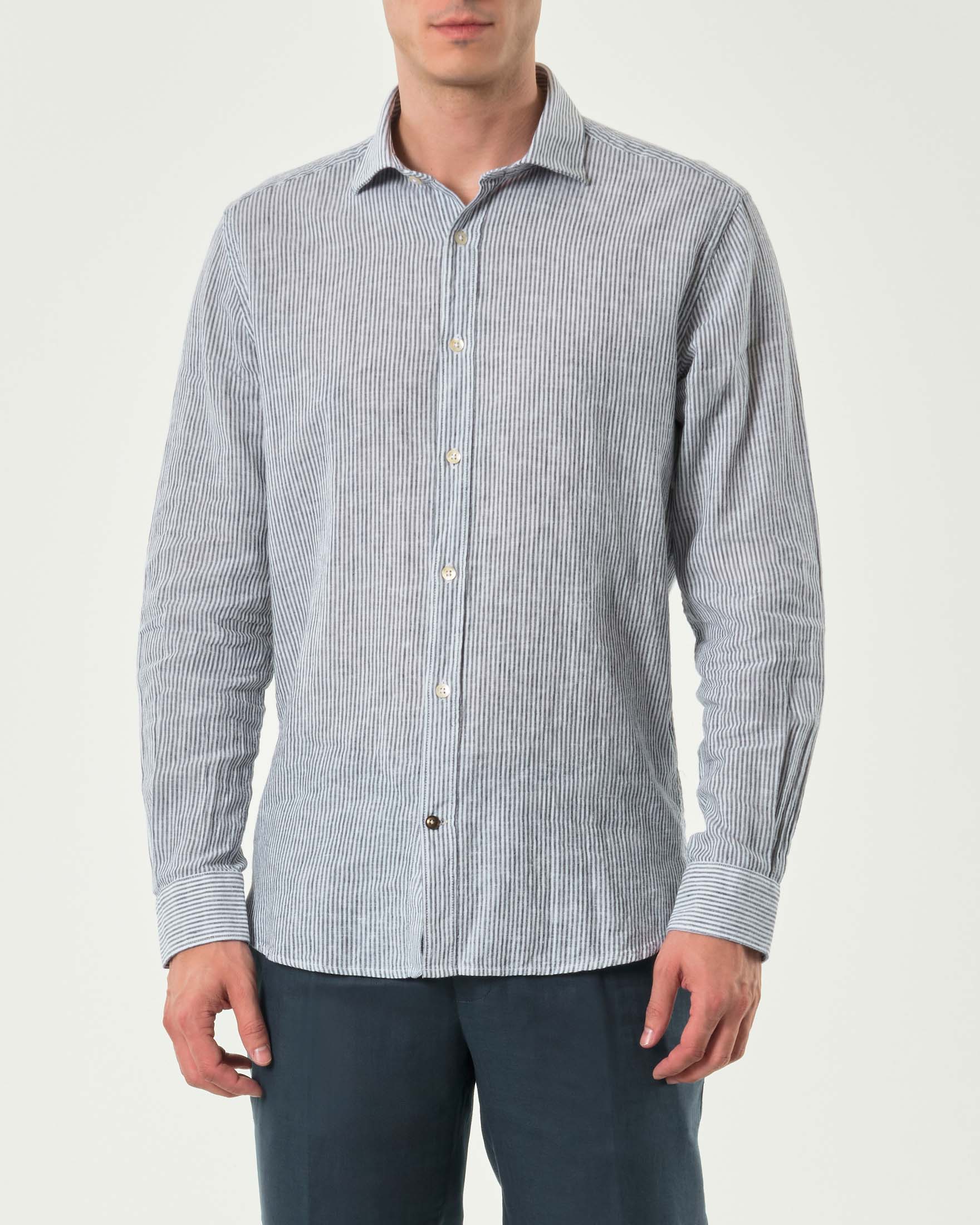 Camicia bastoncino bianco blu in misto lino e cotone con colletto alla francese