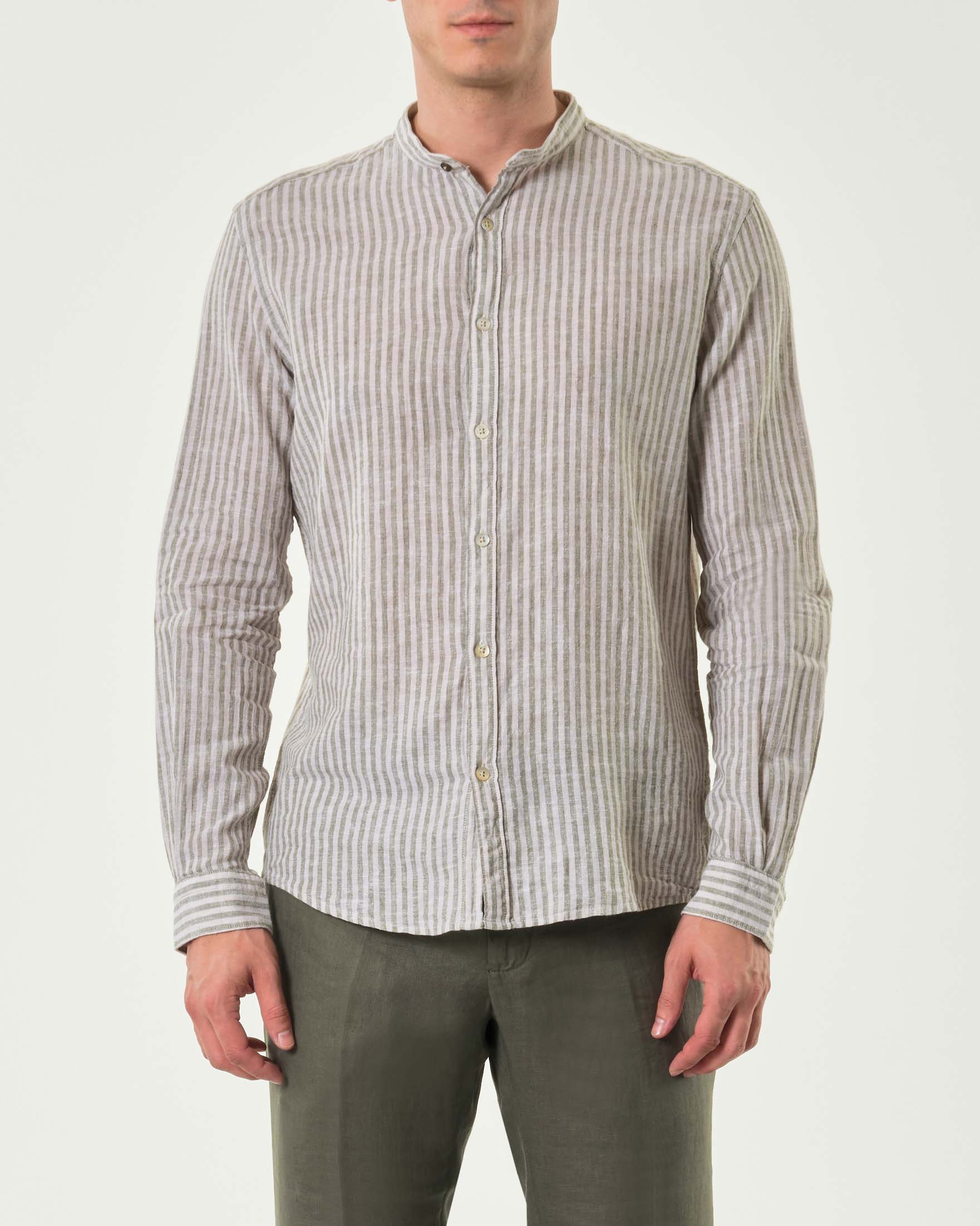 Camicia bastoncino panna e militare in misto lino e cotone con colletto alla coreana
