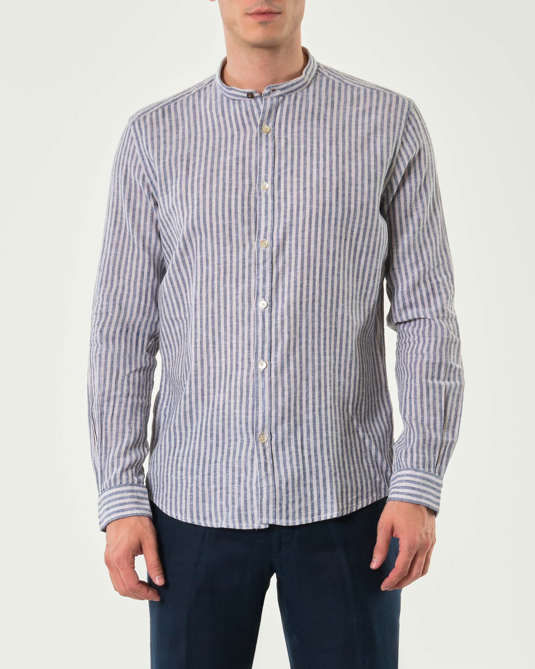 Camicia bastoncino panna e blu in misto lino e cotone con colletto alla coreana