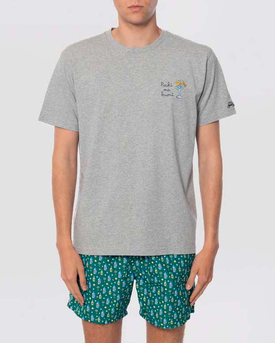 T-shirt grigia con ricamo Pochi ma Buoni sul petto