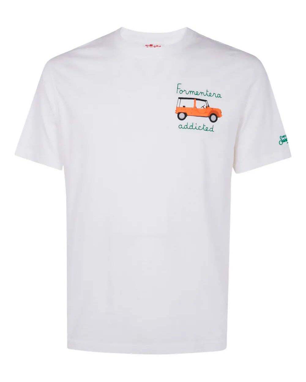 T-shirt bianca con ricamo Formentera Addicted sul petto