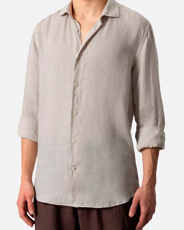 Camicia sabbia in puro lino con collo alla francese
