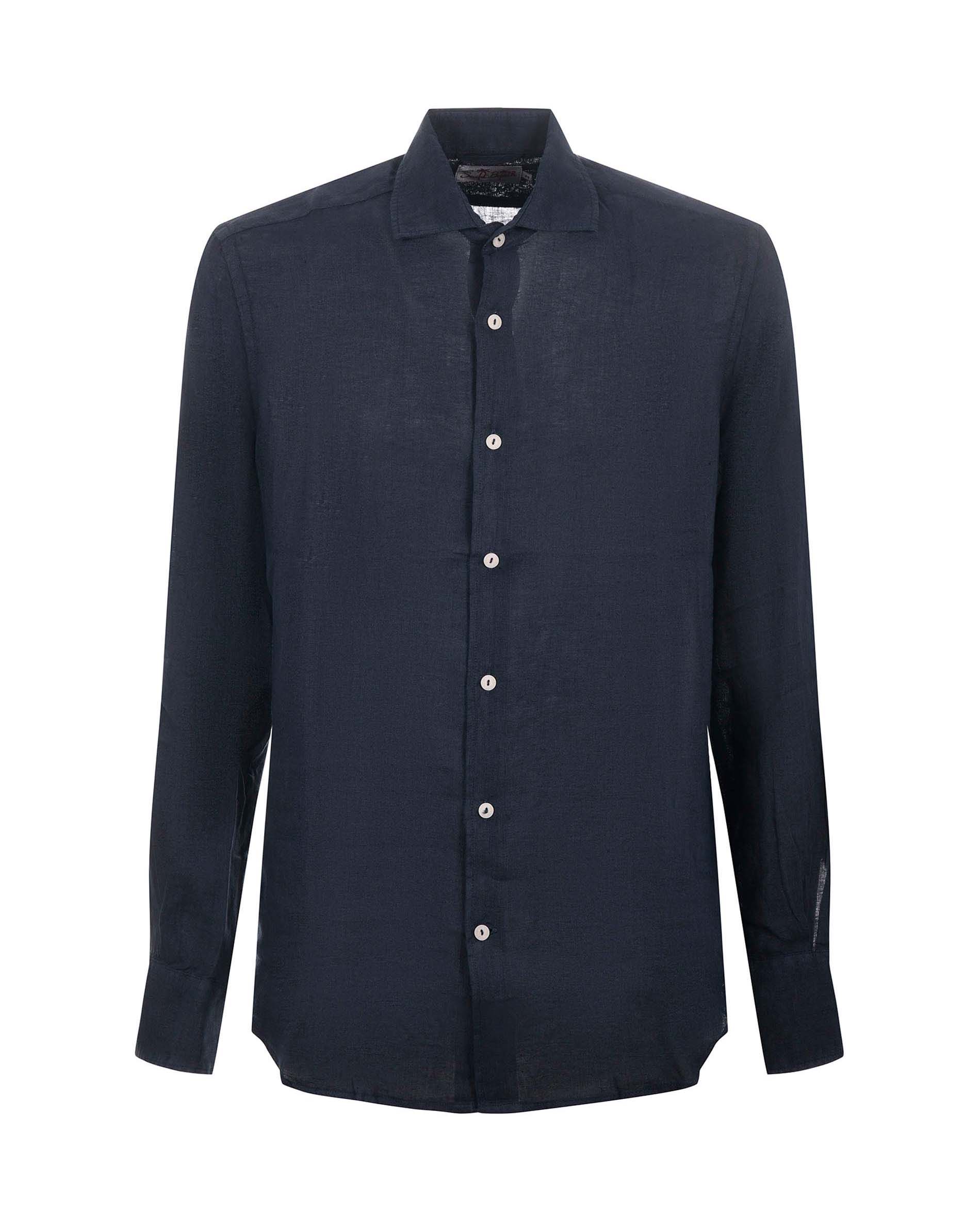 Camicia blu in puro lino con collo alla francese