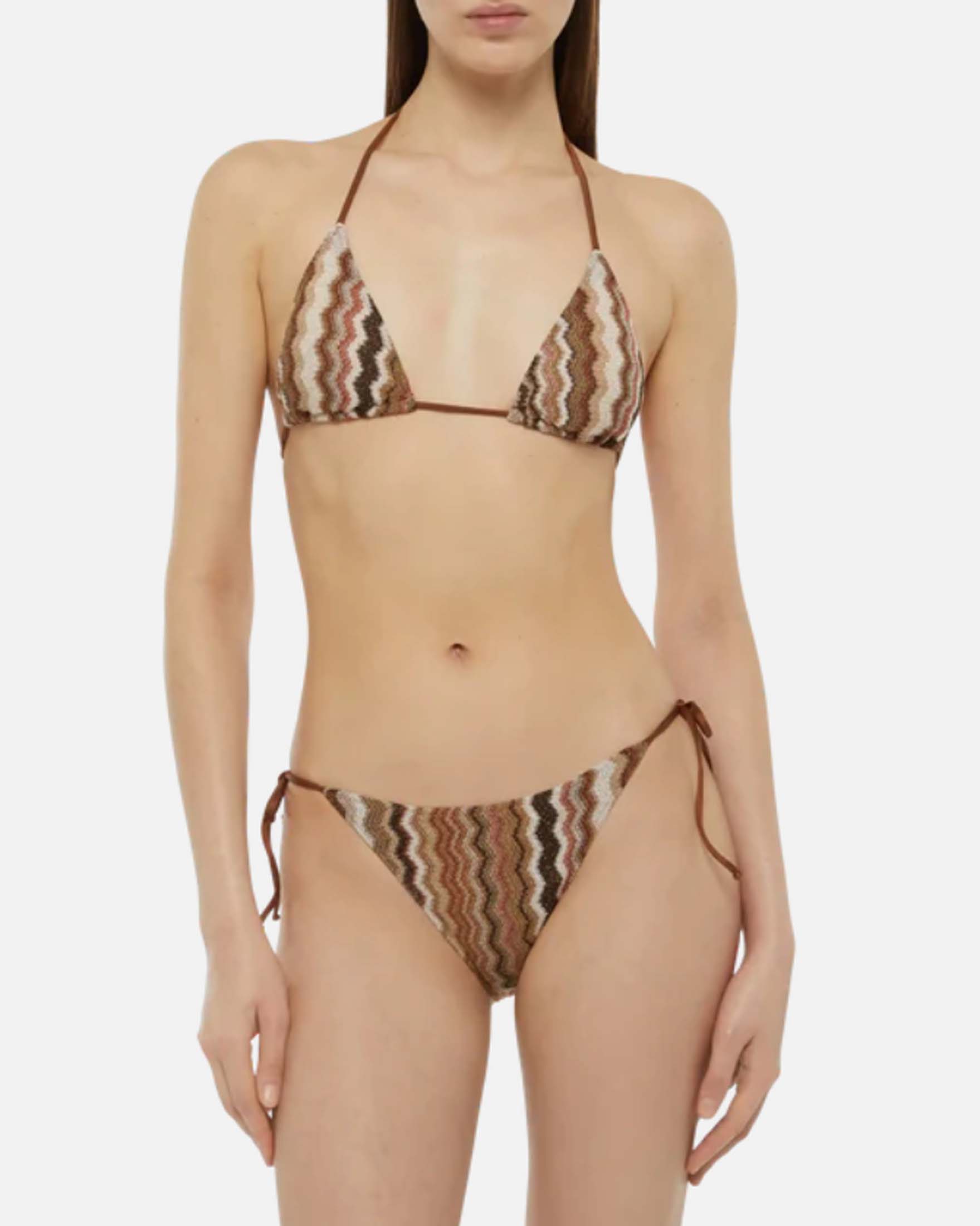 Bikini in maglia raschel marrone e beige a motivo chevron