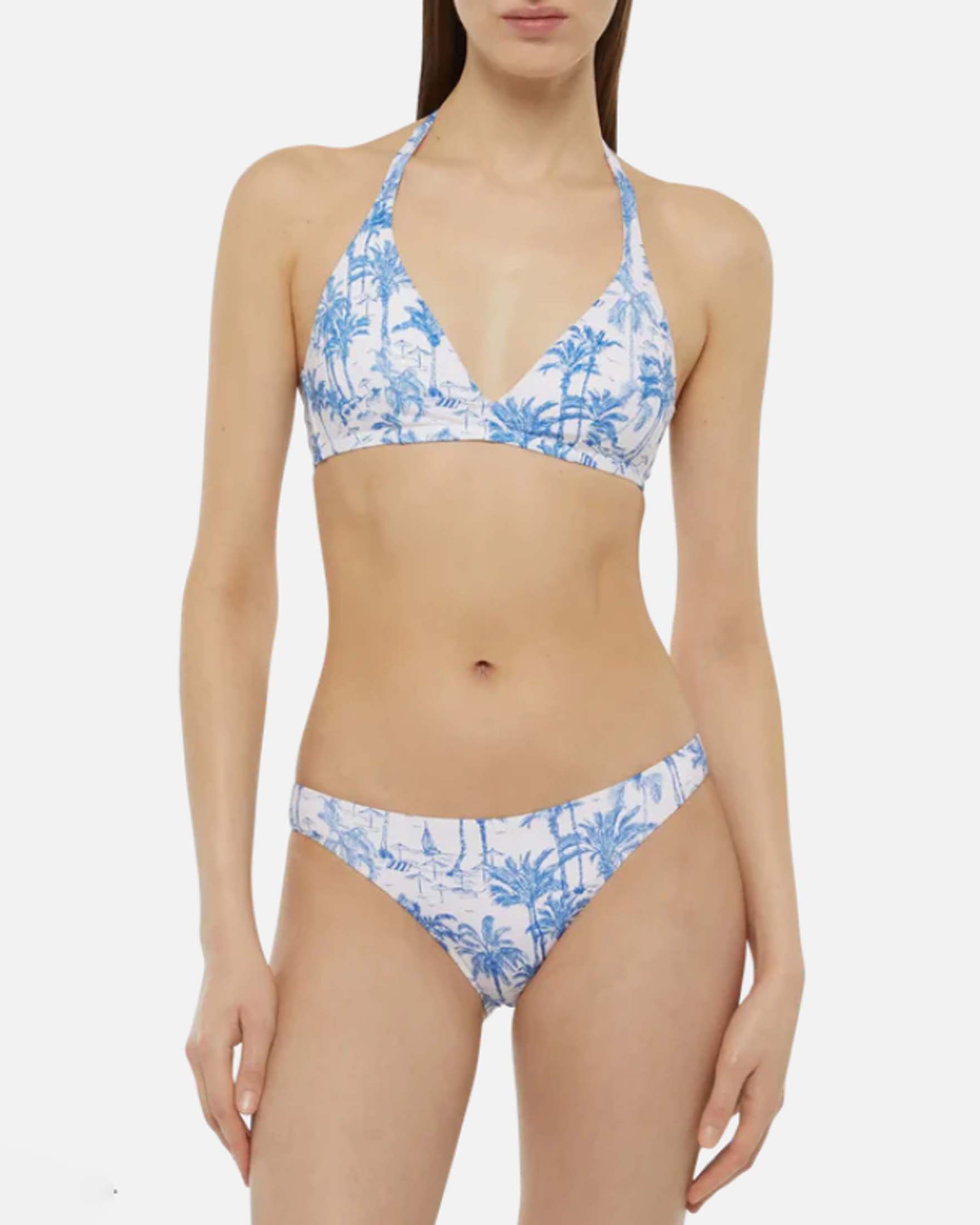 Bikini MC2 Saint Barth bianco a fantasia beach azzurra con reggiseno a vela e slip classico