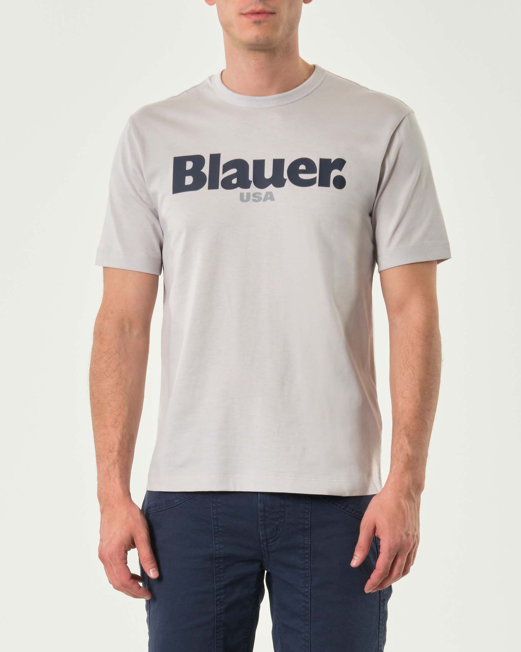 T-shirt ghiaccio mezza manica con maxi logo sul petto in contrasto