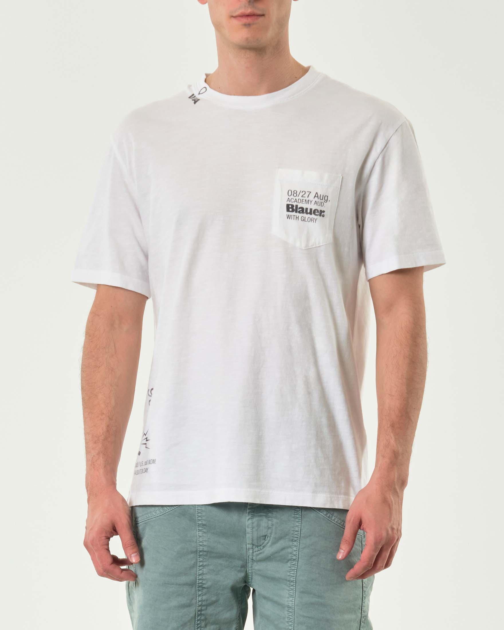 T-shirt bianca in cotone fiammato con taschino e scritte