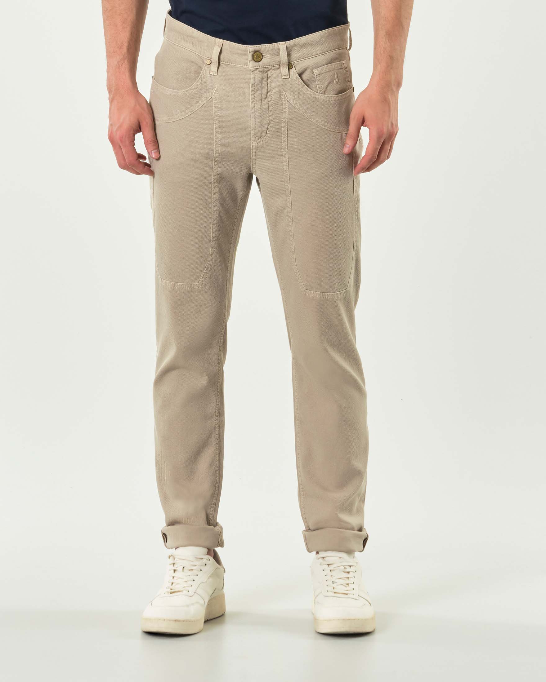 Pantalone cinque tasche Jeckerson modello PA077 color sabbia in cotone stretch micro armatura con toppa
