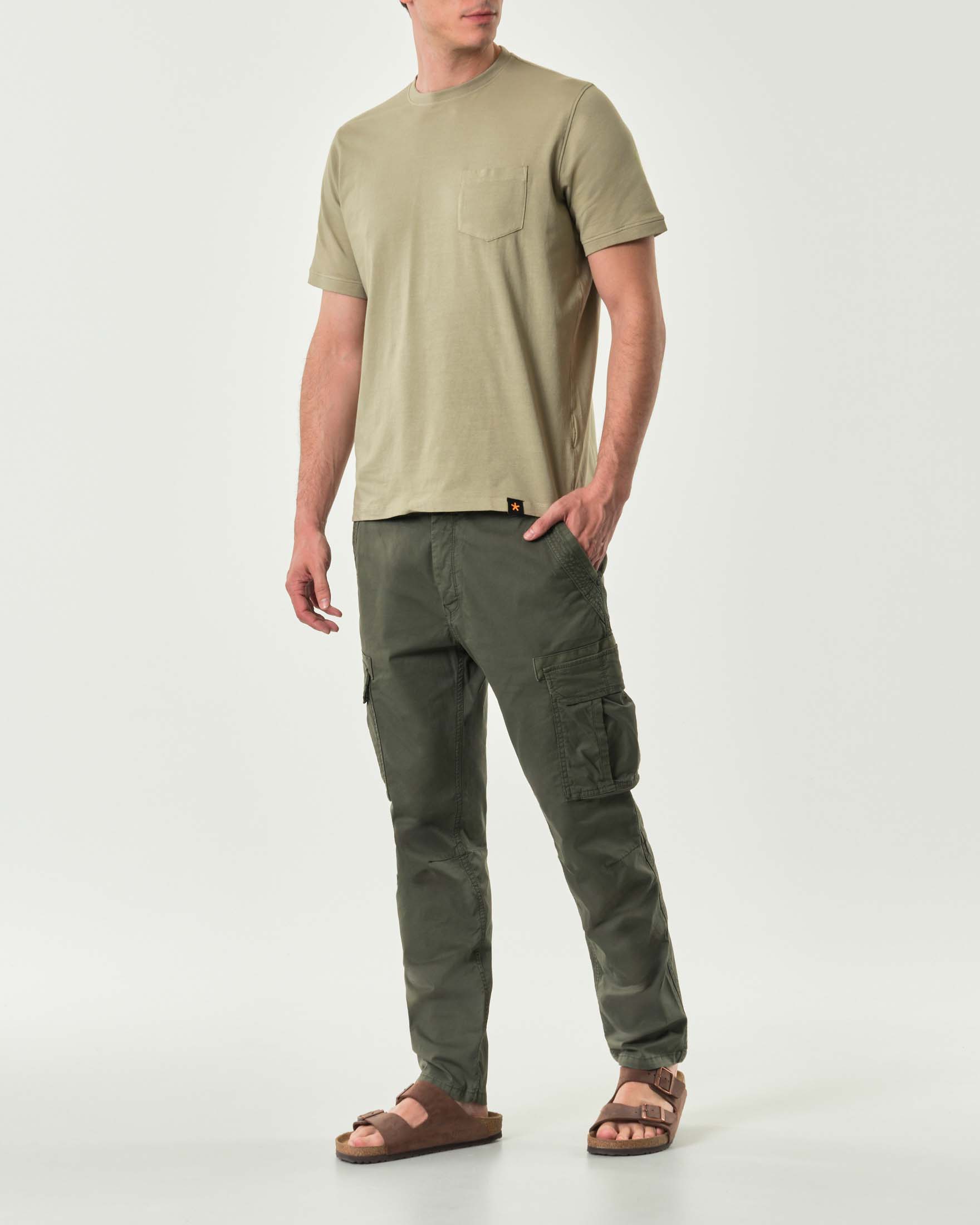 Pantalone cargo verde militare in gabardina di cotone stretch