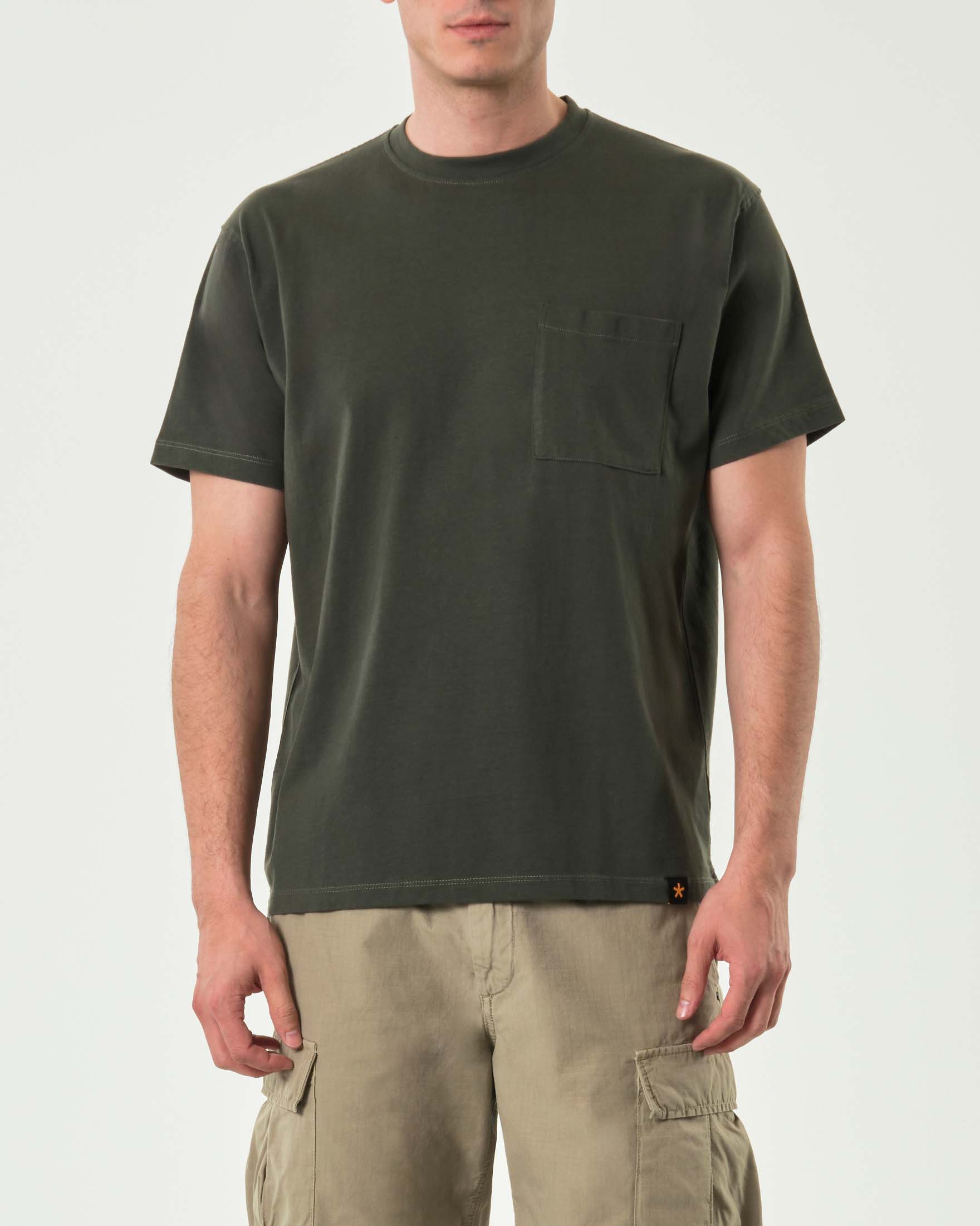 T-shirt mezza manica verde militare in puro cotone con taschino