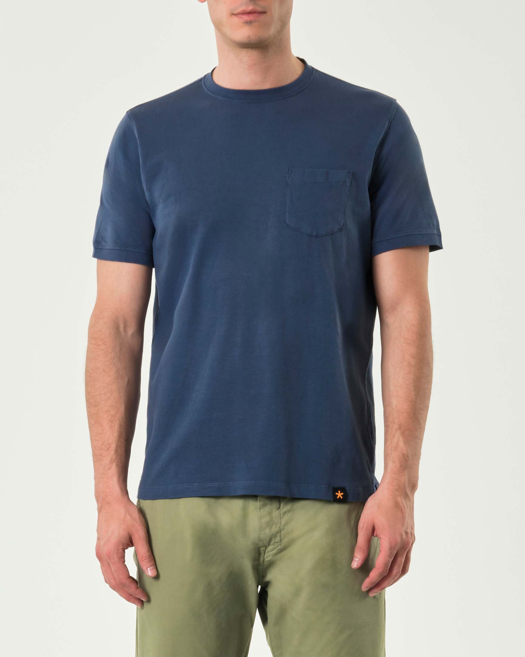 T-shirt mezza manica blu indaco in cotone stretch con taschino