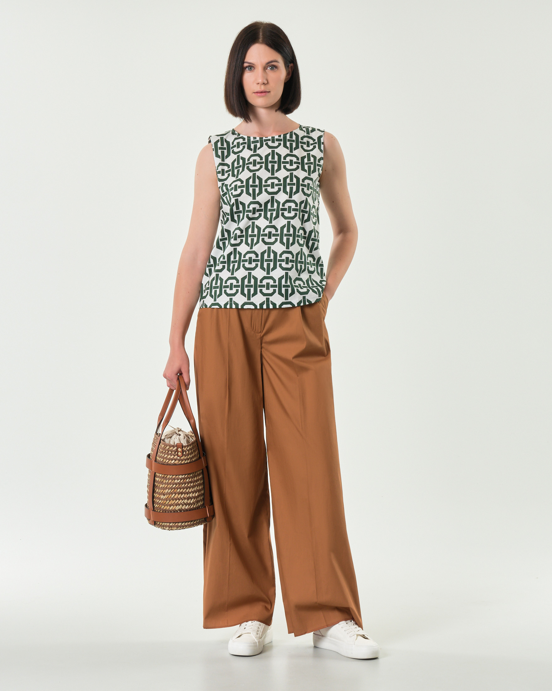 Pantaloni palazzo color coccio Emme Marella in popeline di cotone a vita alta con doppia pinces