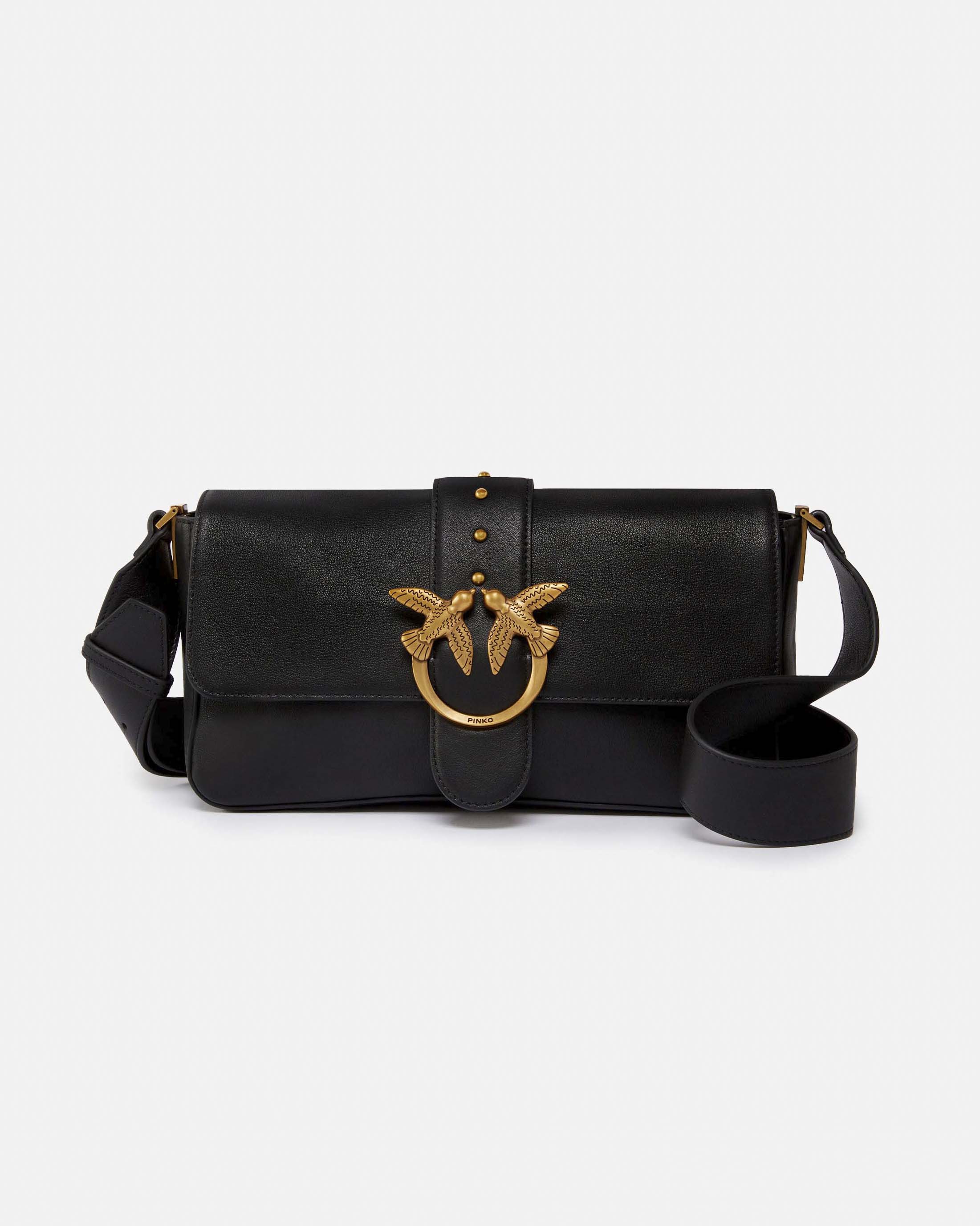 Classic Love Bag Slouchy Pinko in pelle nera con tracolla spessa e fibbia Love Birds argento