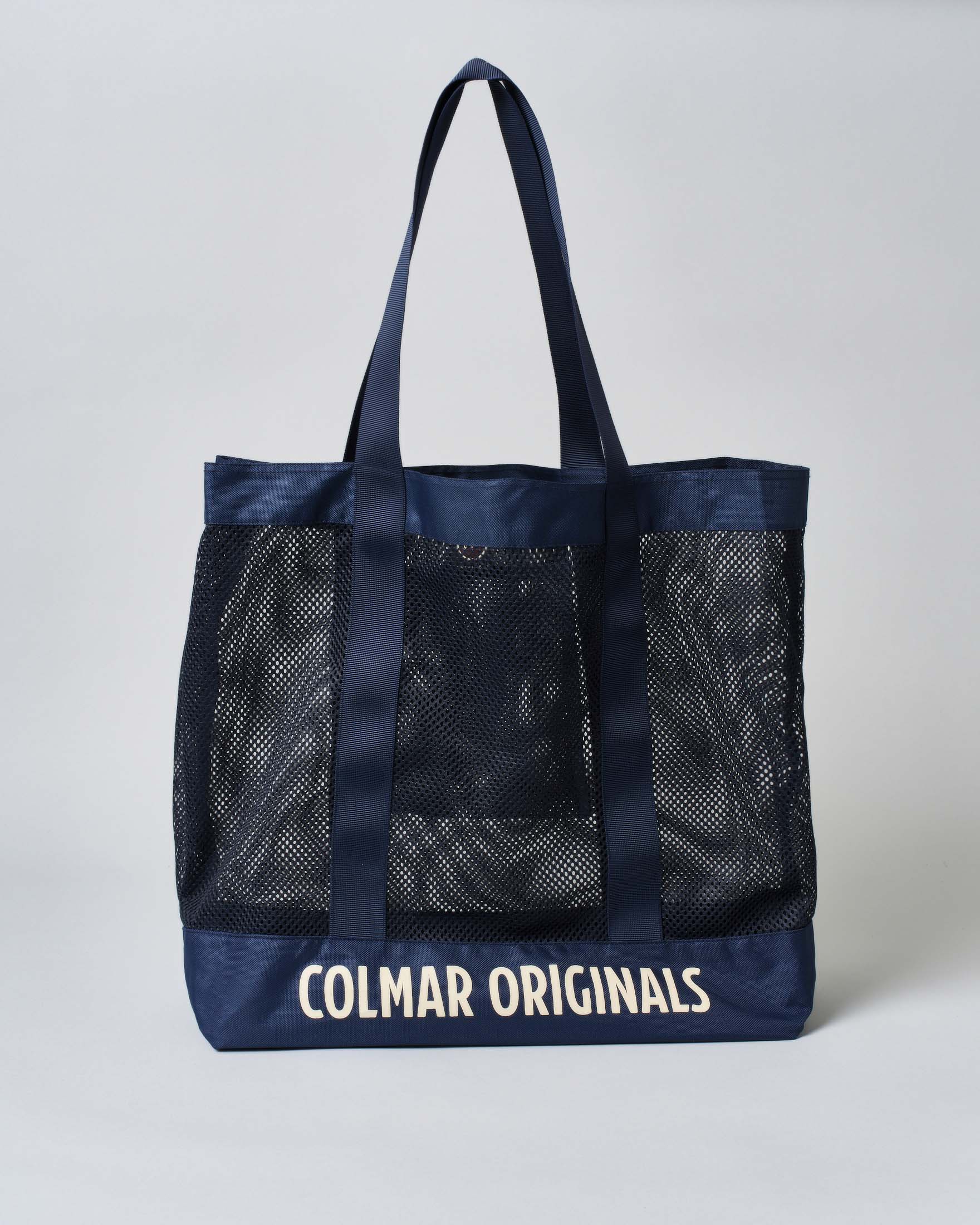 Shopping bag blu Originals in mesh con scritta logo sulla base a contrasto di colore